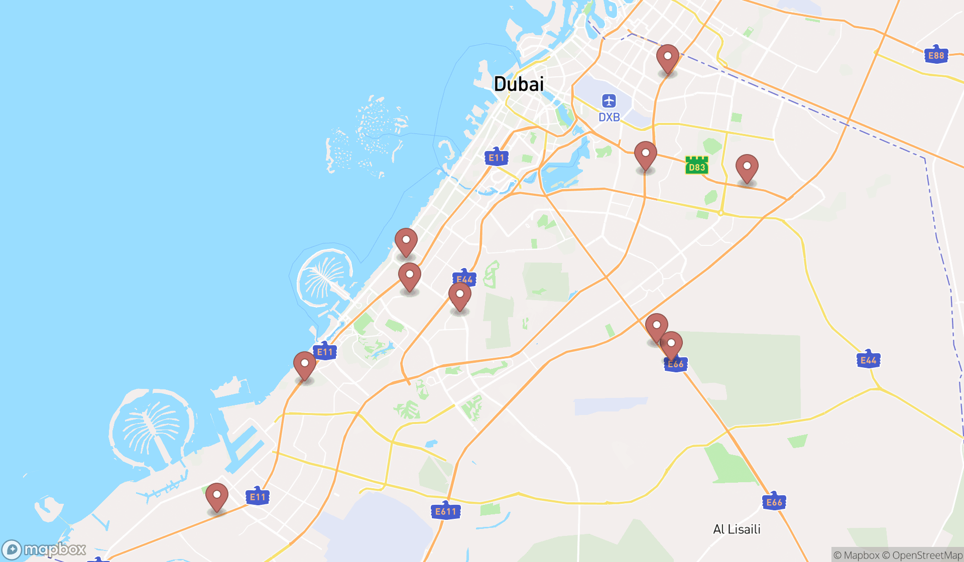 Map showing the ranked gas stations in Dubai, Dubai