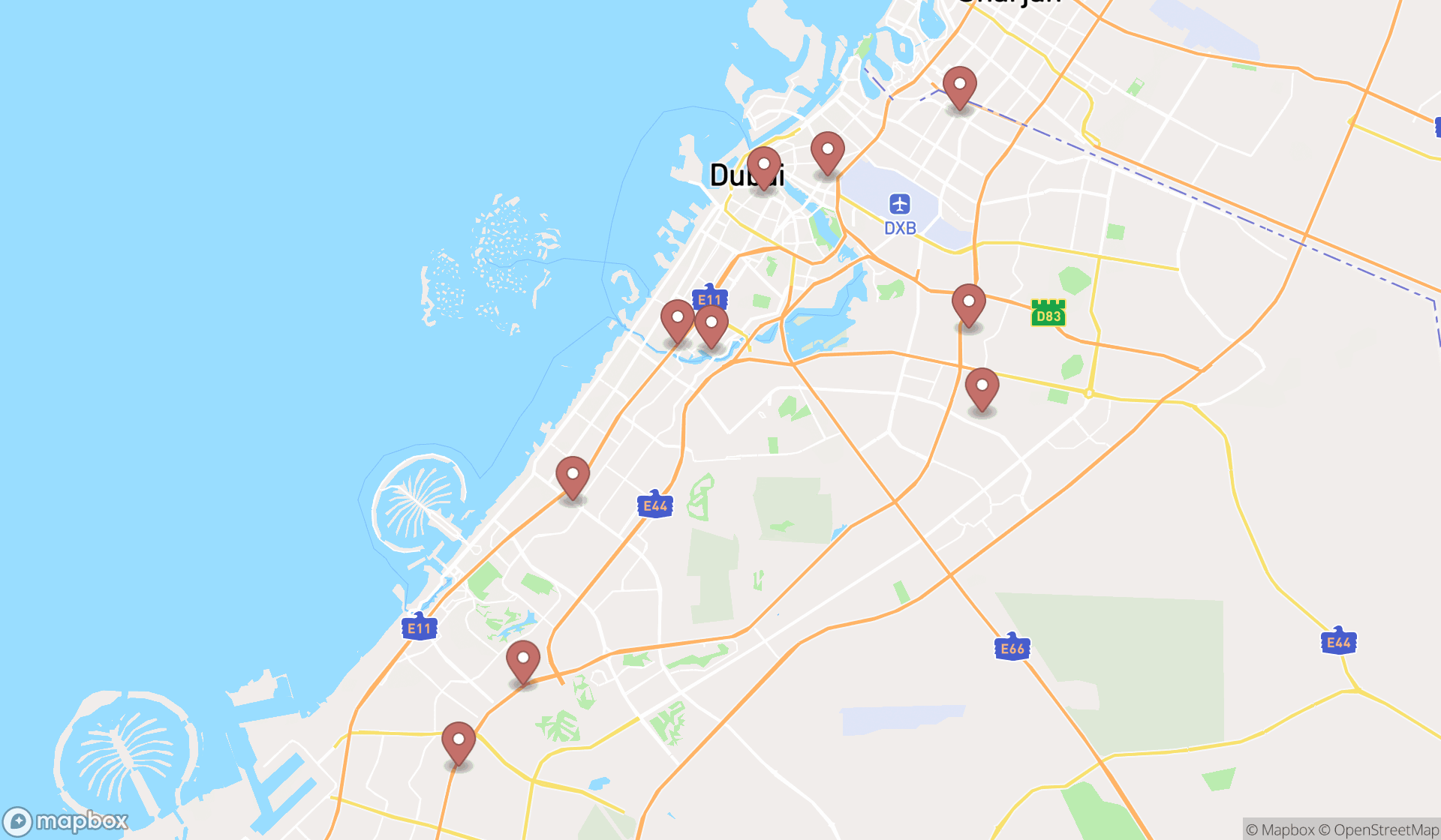 Map showing the ranked general contractors in Dubai, Dubai