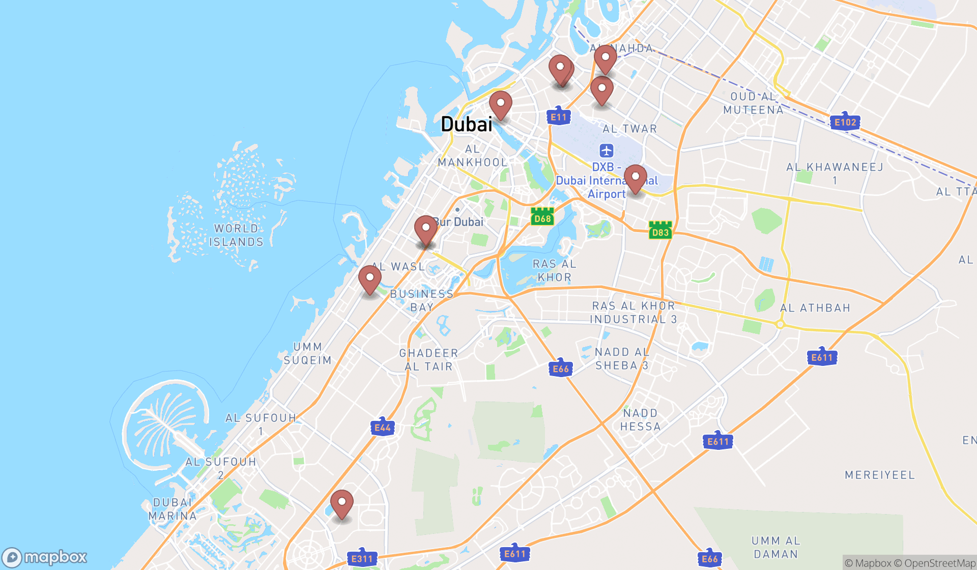 Map showing the ranked general education schools in Dubai, Dubai