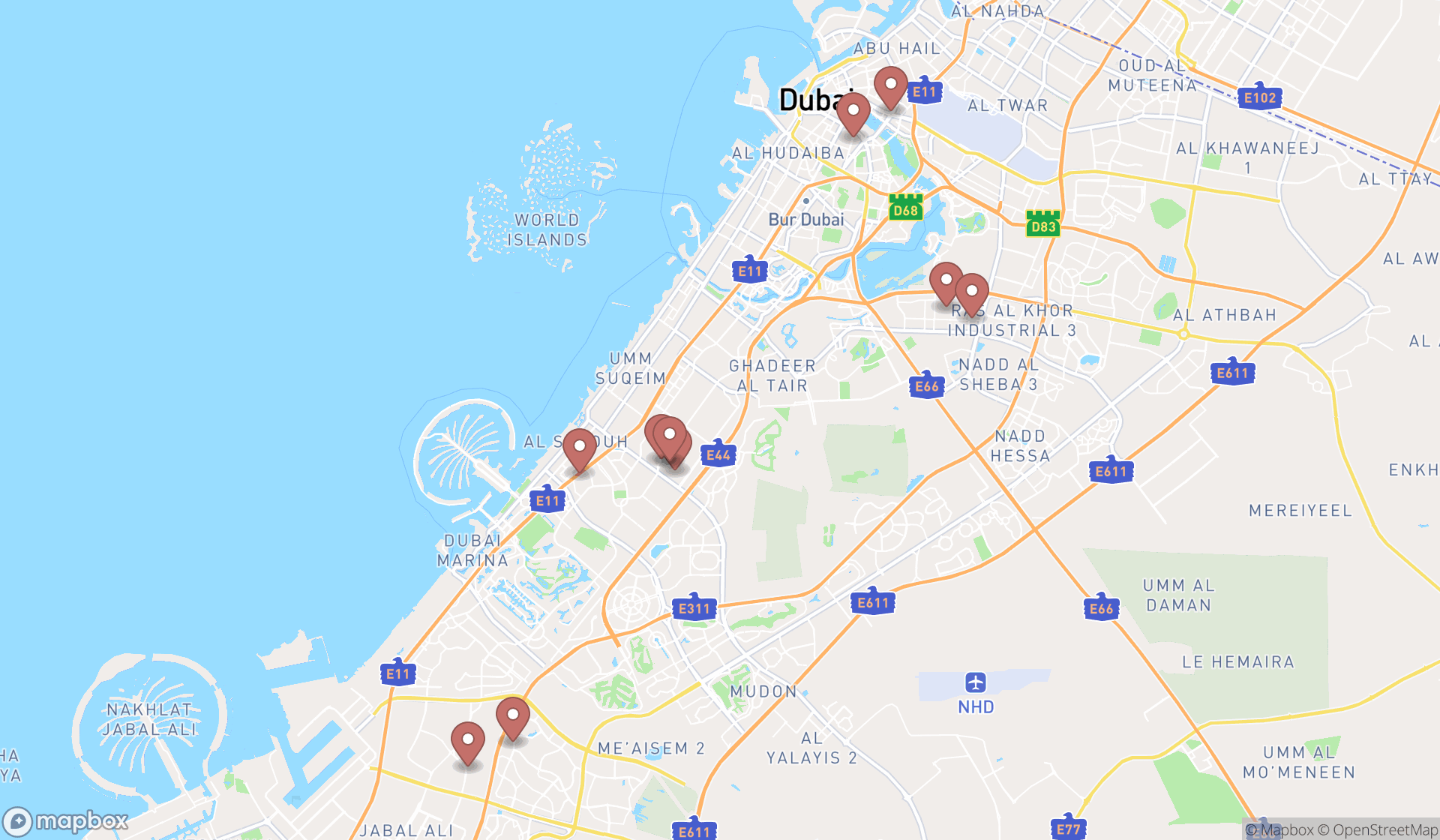 Map showing the ranked glass industries in Dubai, Dubai