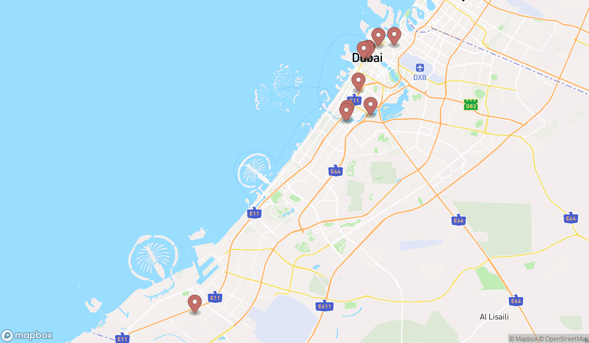 Map showing the ranked glass merchants in Dubai, Dubai