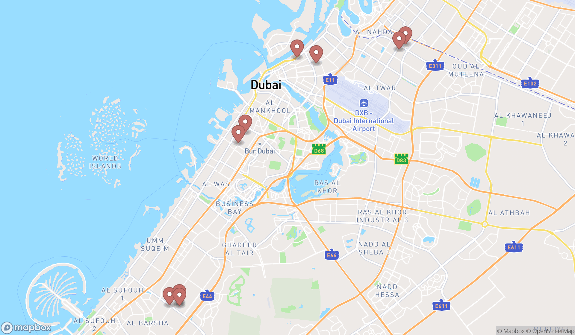 Map showing the ranked glass & mirror shops in Dubai, Dubai