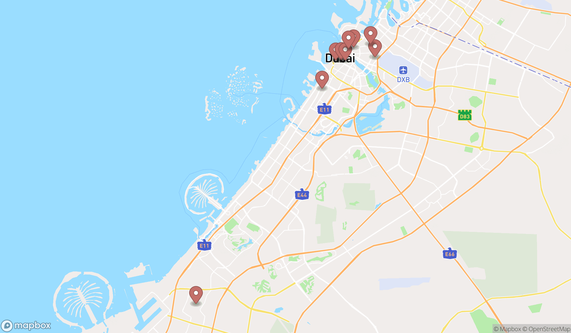 Map showing the ranked glass shops in Dubai, Dubai