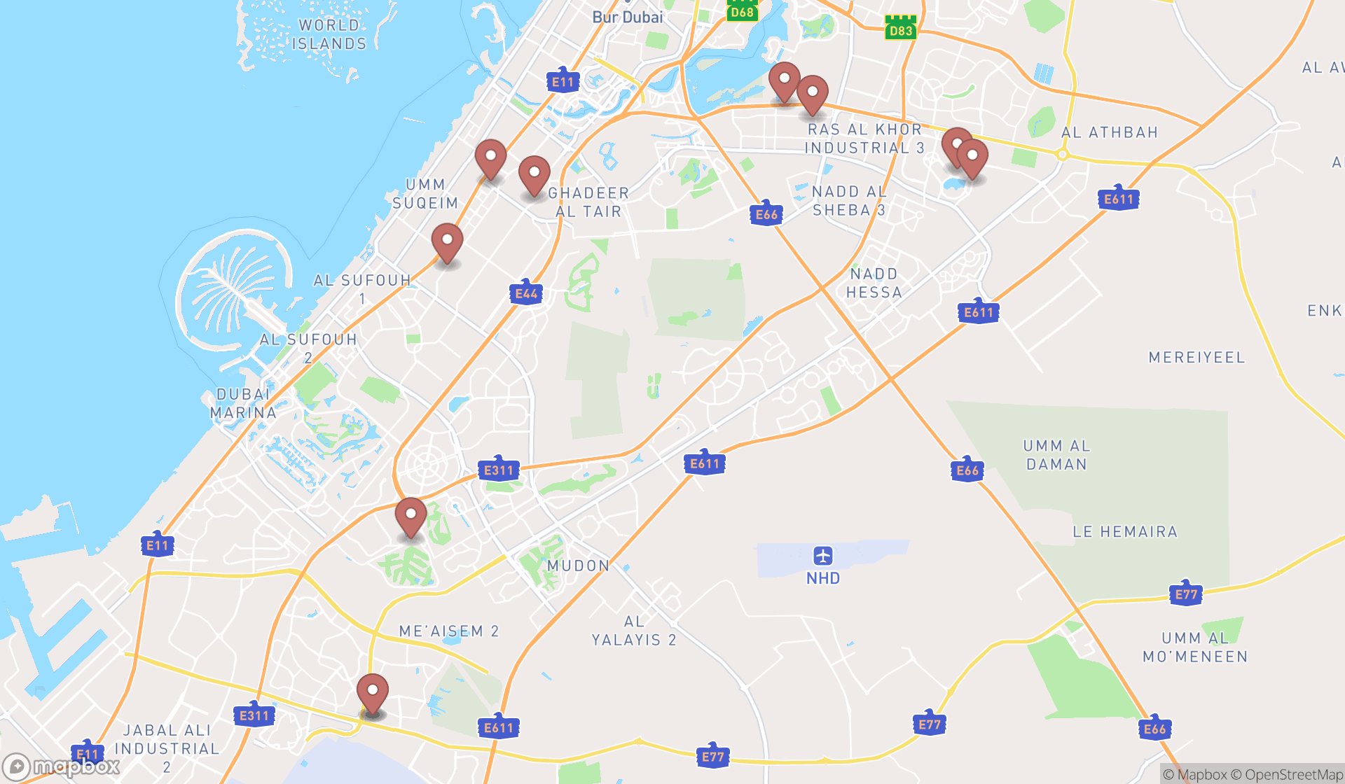 Map showing the ranked golf cart dealers in Dubai, Dubai