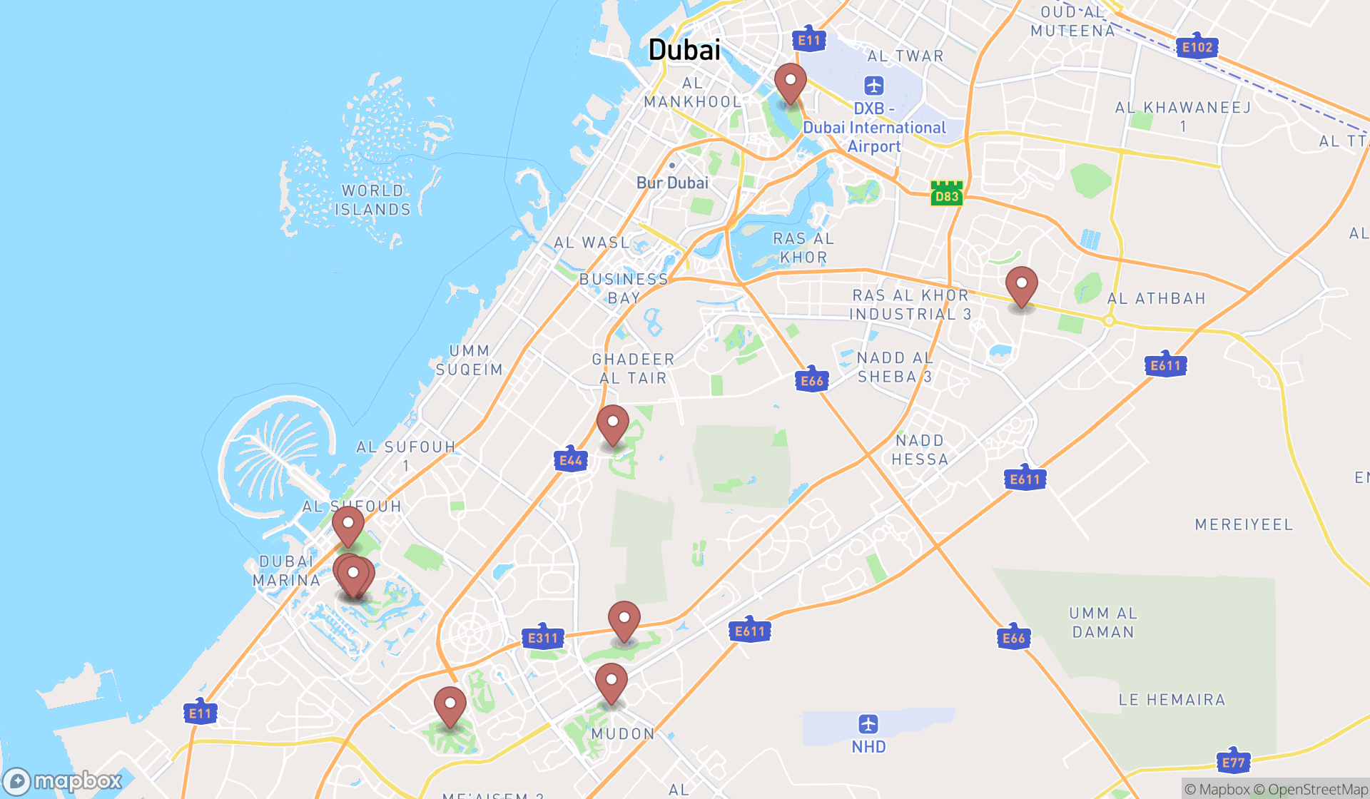 Map showing the ranked golf clubs in Dubai, Dubai