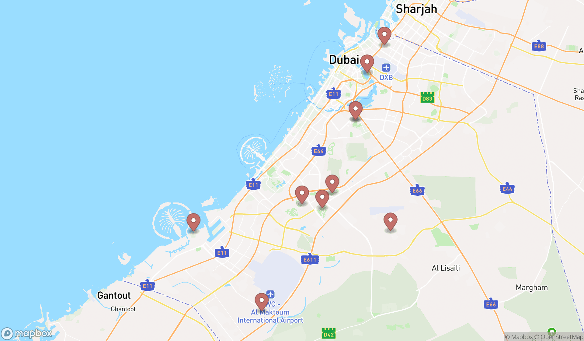 Map showing the ranked golf courses in Dubai, Dubai