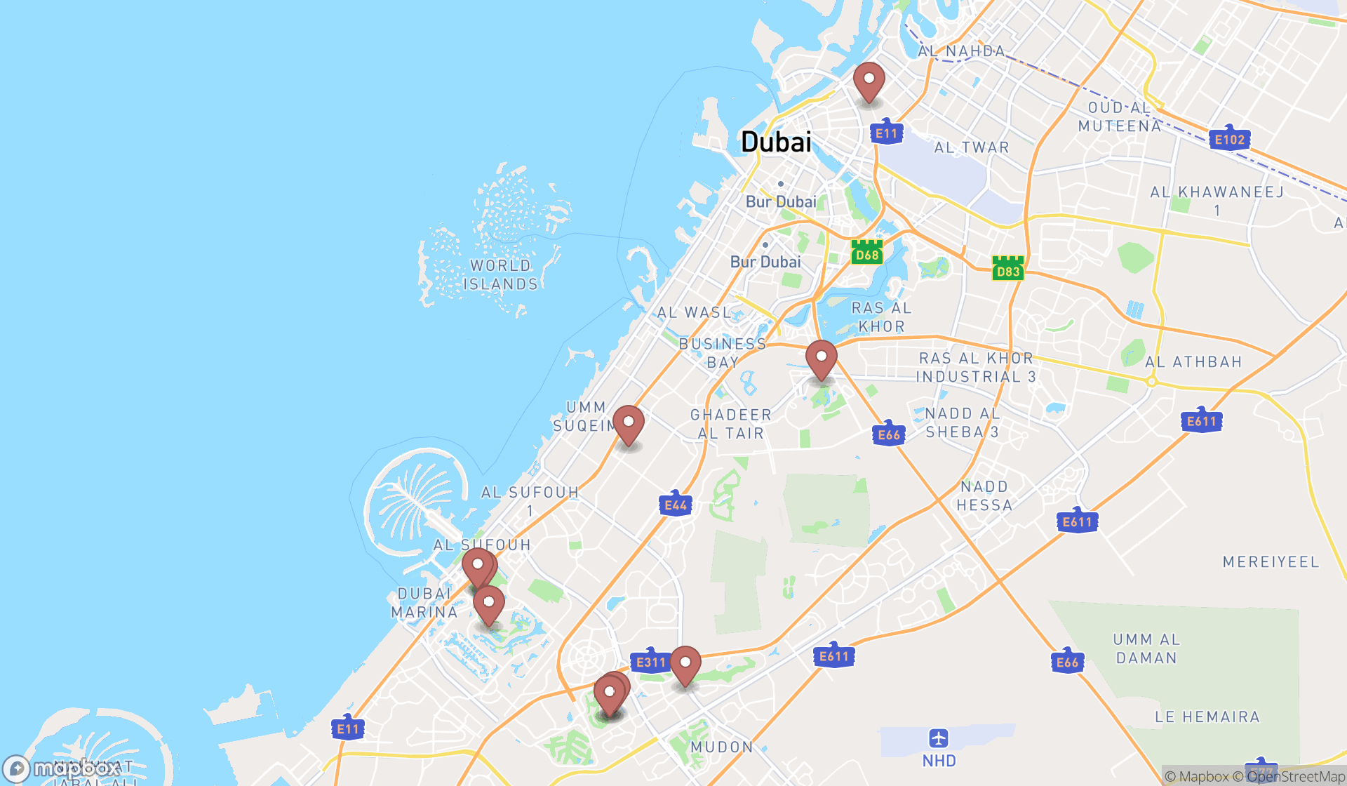 Map showing the ranked golf driving ranges in Dubai, Dubai