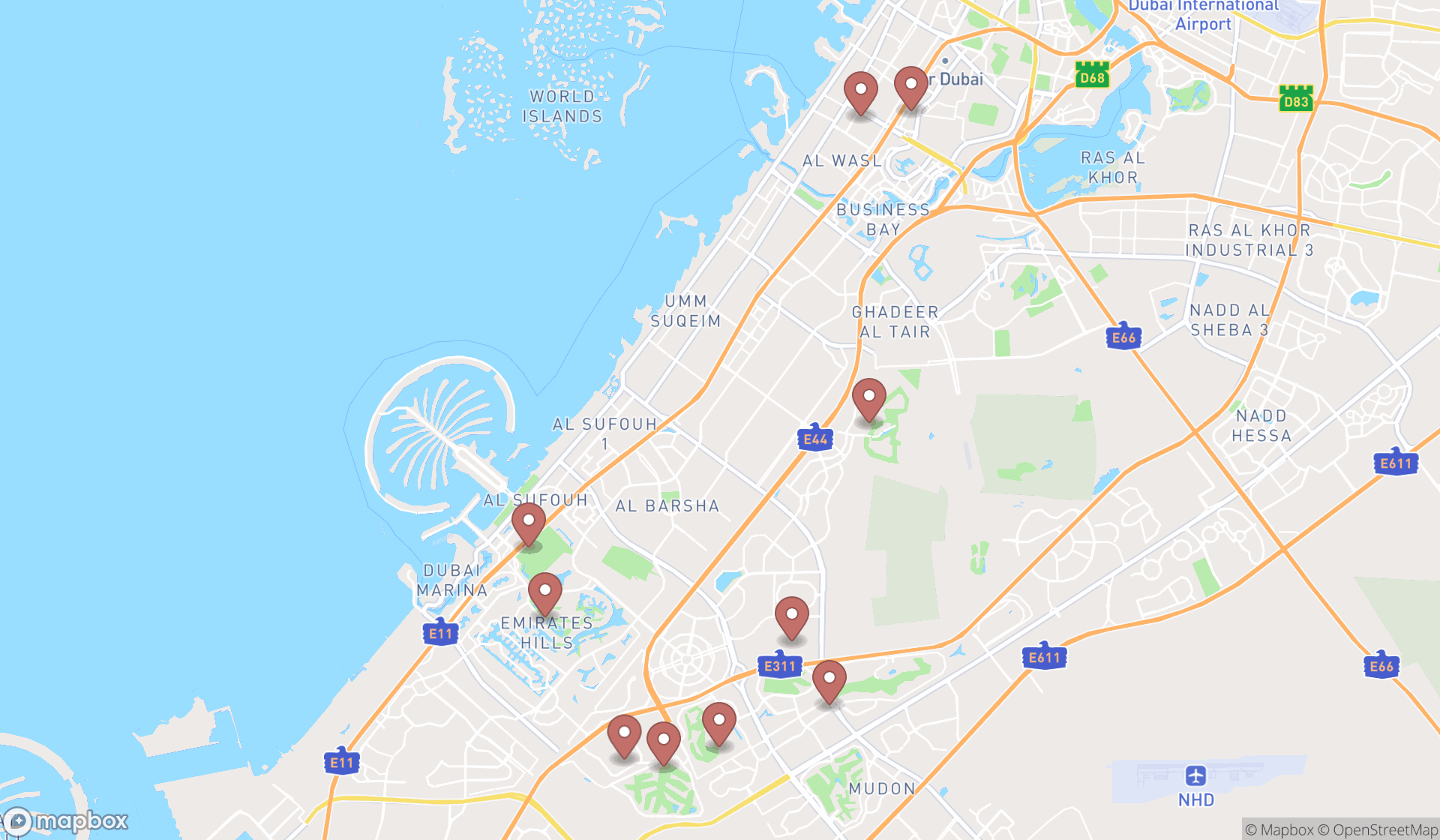 Map showing the ranked golf instructors in Dubai, Dubai