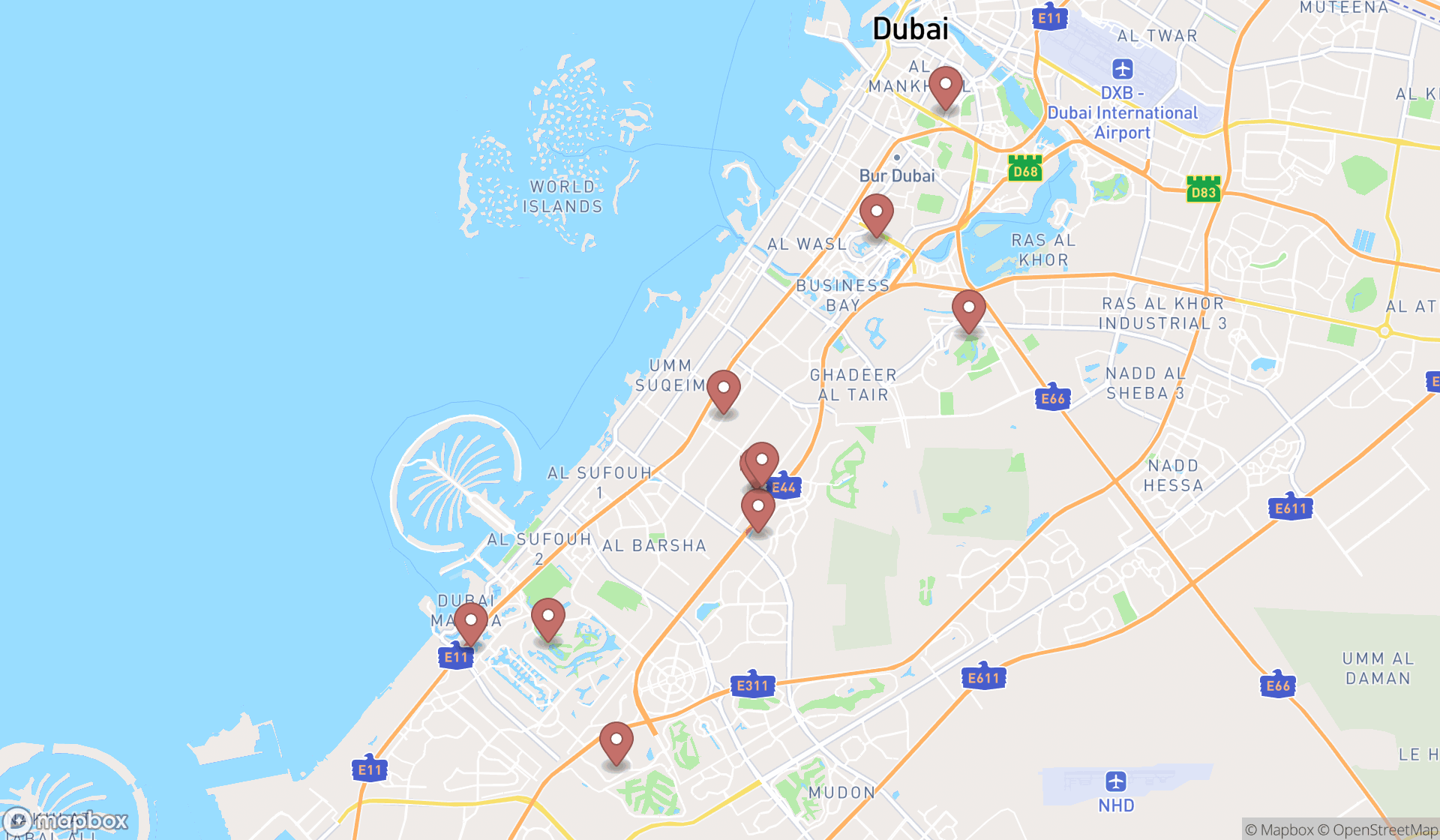 Map showing the ranked golf shops in Dubai, Dubai
