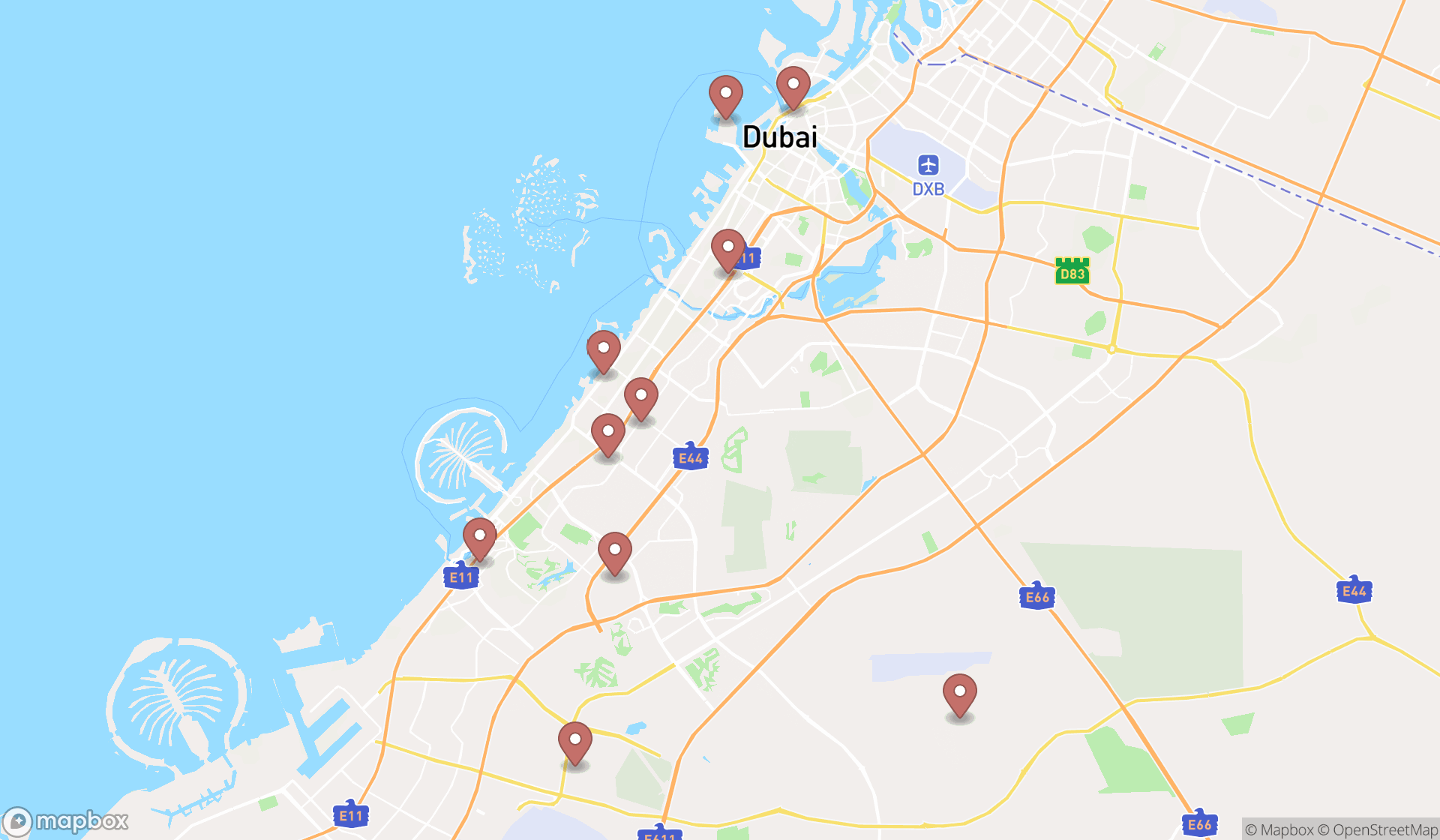 Map showing the ranked gourmet grocery stores in Dubai, Dubai