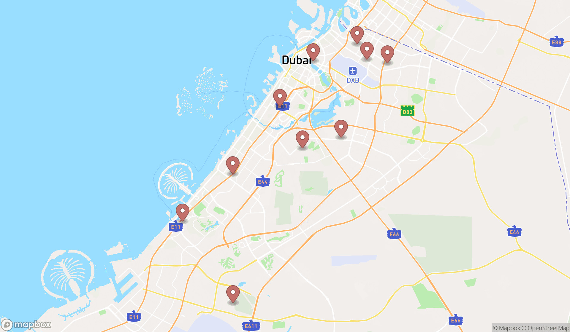 Map showing the ranked government offices in Dubai, Dubai