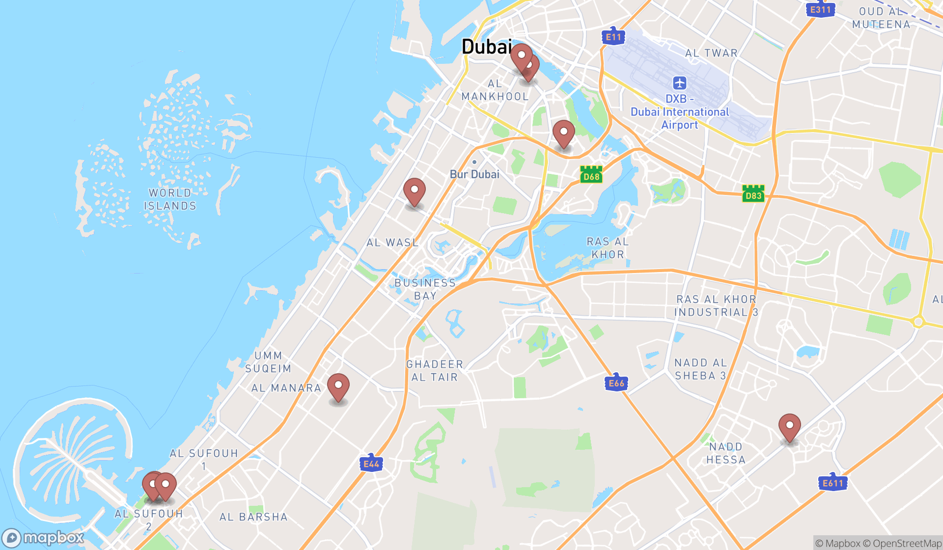 Map showing the ranked graduate schools in Dubai, Dubai