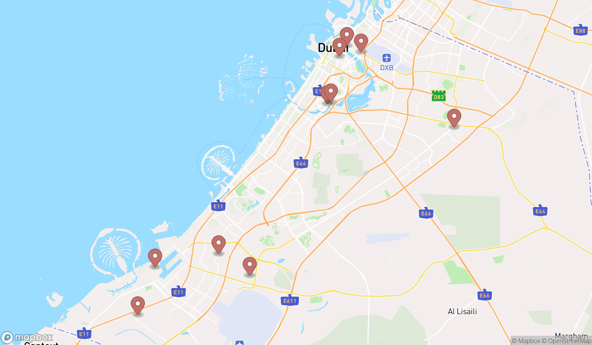 Map showing the ranked granite suppliers in Dubai, Dubai