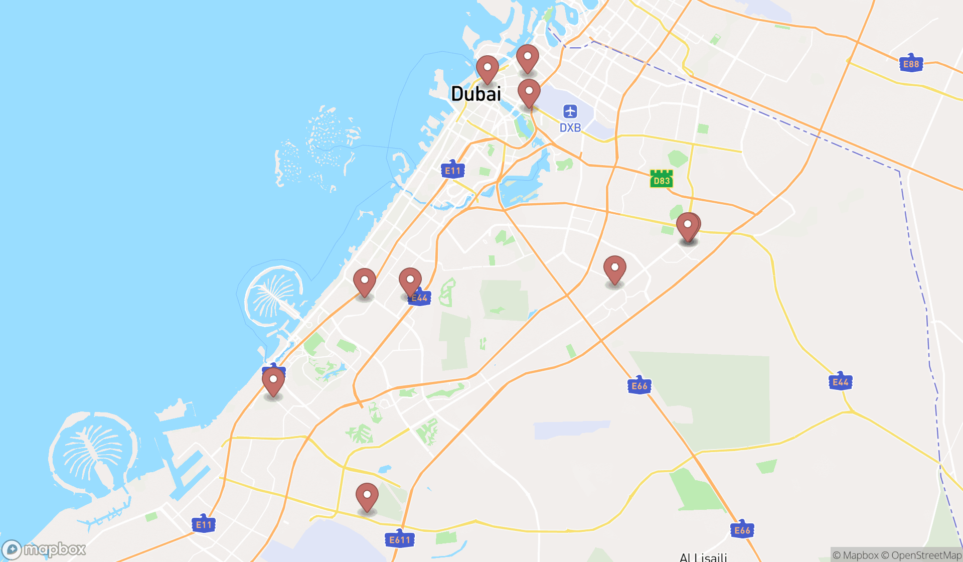 Map showing the ranked greenhouses in Dubai, Dubai