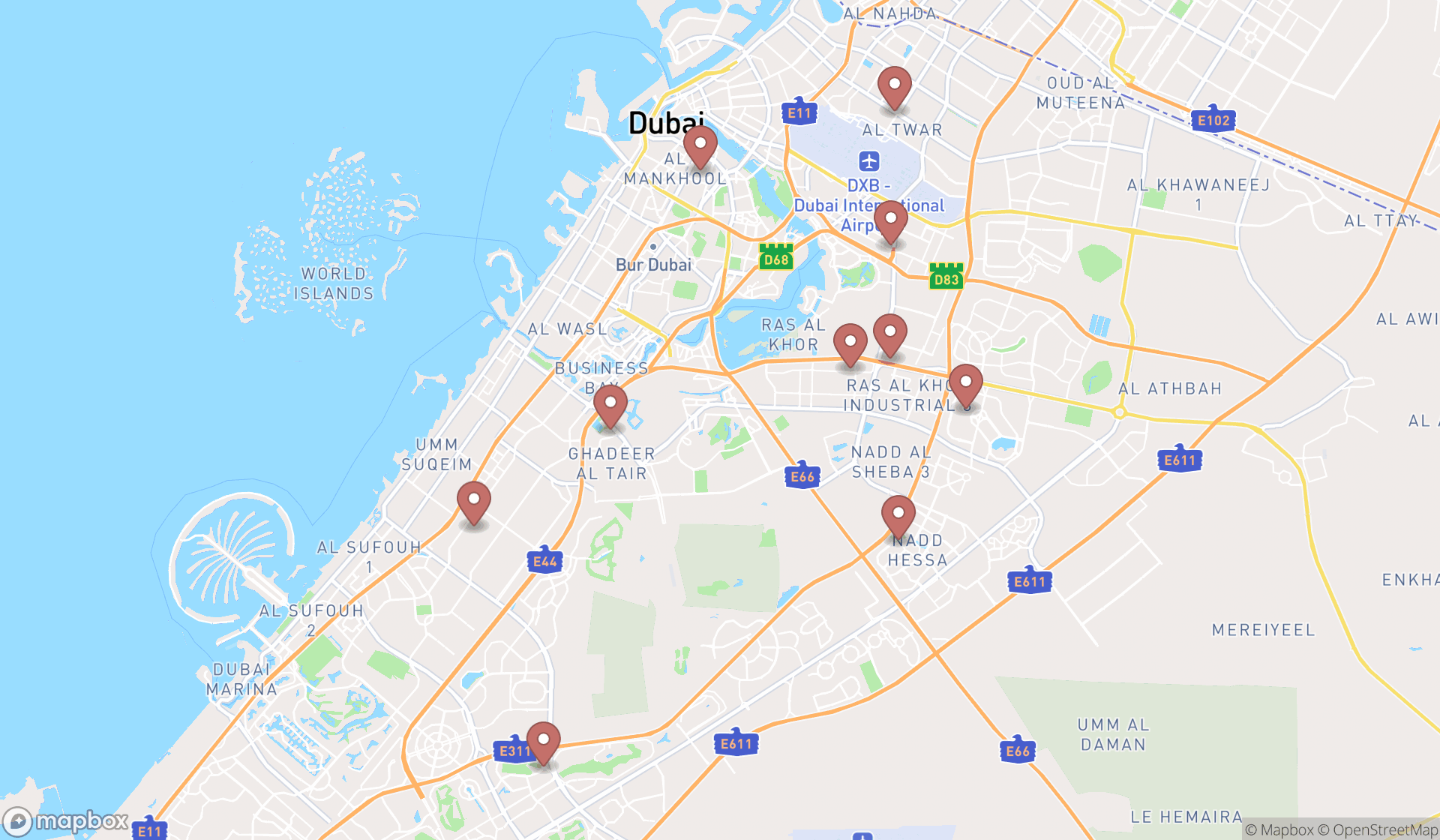Map showing the ranked grocery delivery services in Dubai, Dubai