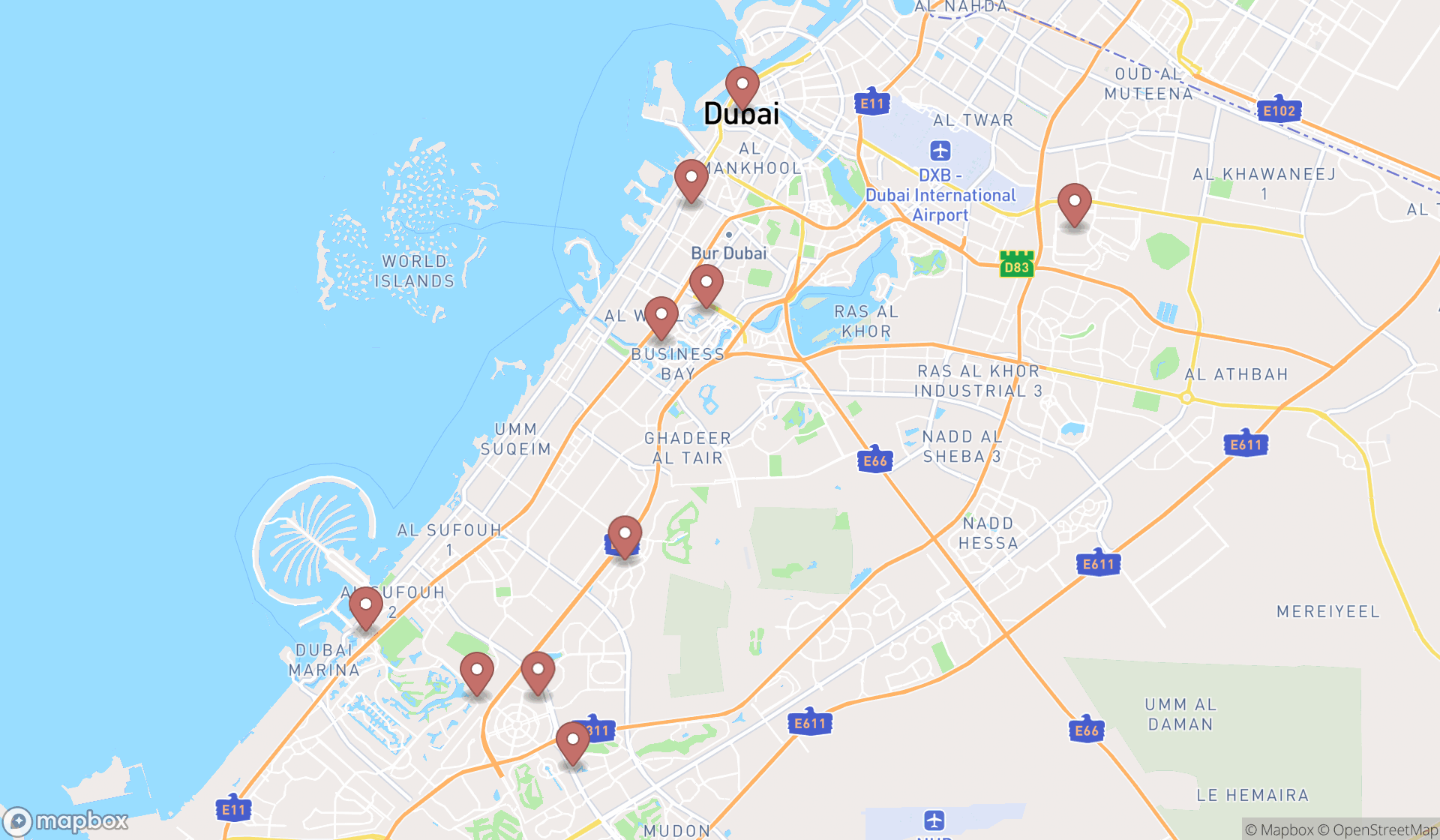 Map showing the ranked grocery stores in Dubai, Dubai