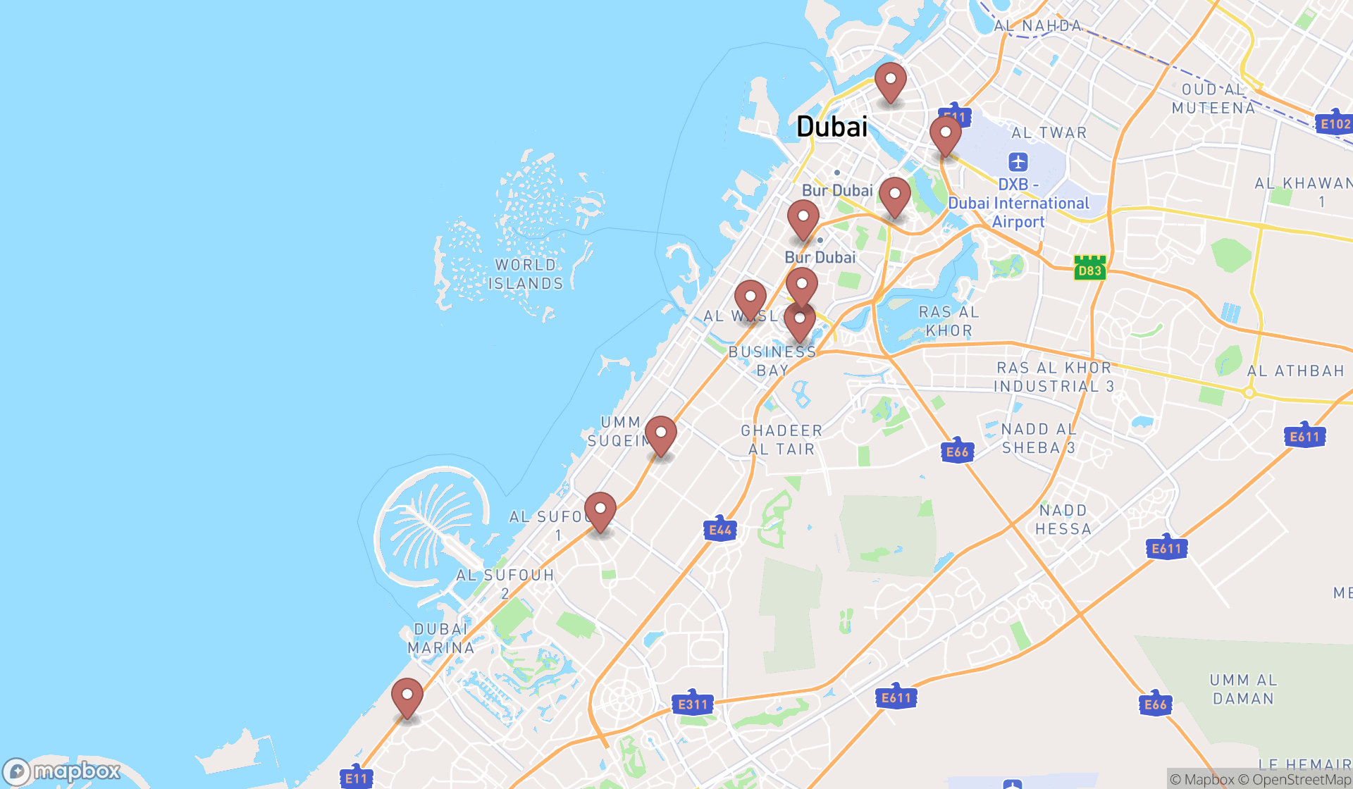 Map showing the ranked guitar stores in Dubai, Dubai