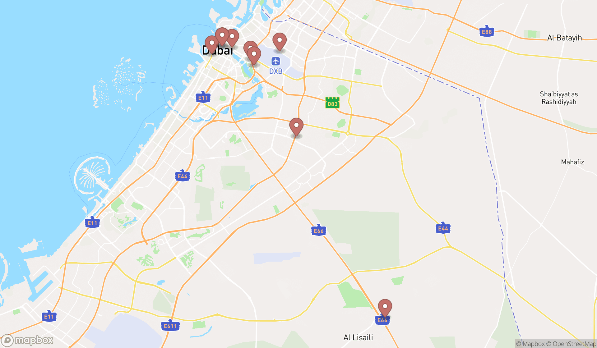 Map showing the ranked gun shops in Dubai, Dubai