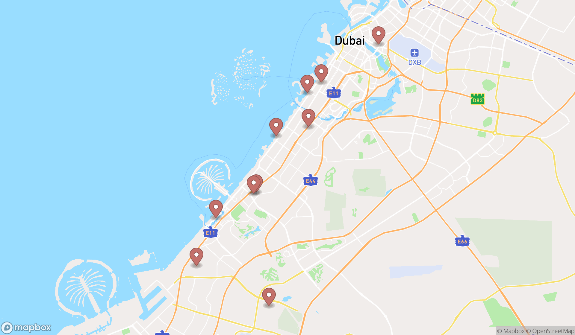 Map showing the ranked gymnasium schools in Dubai, Dubai