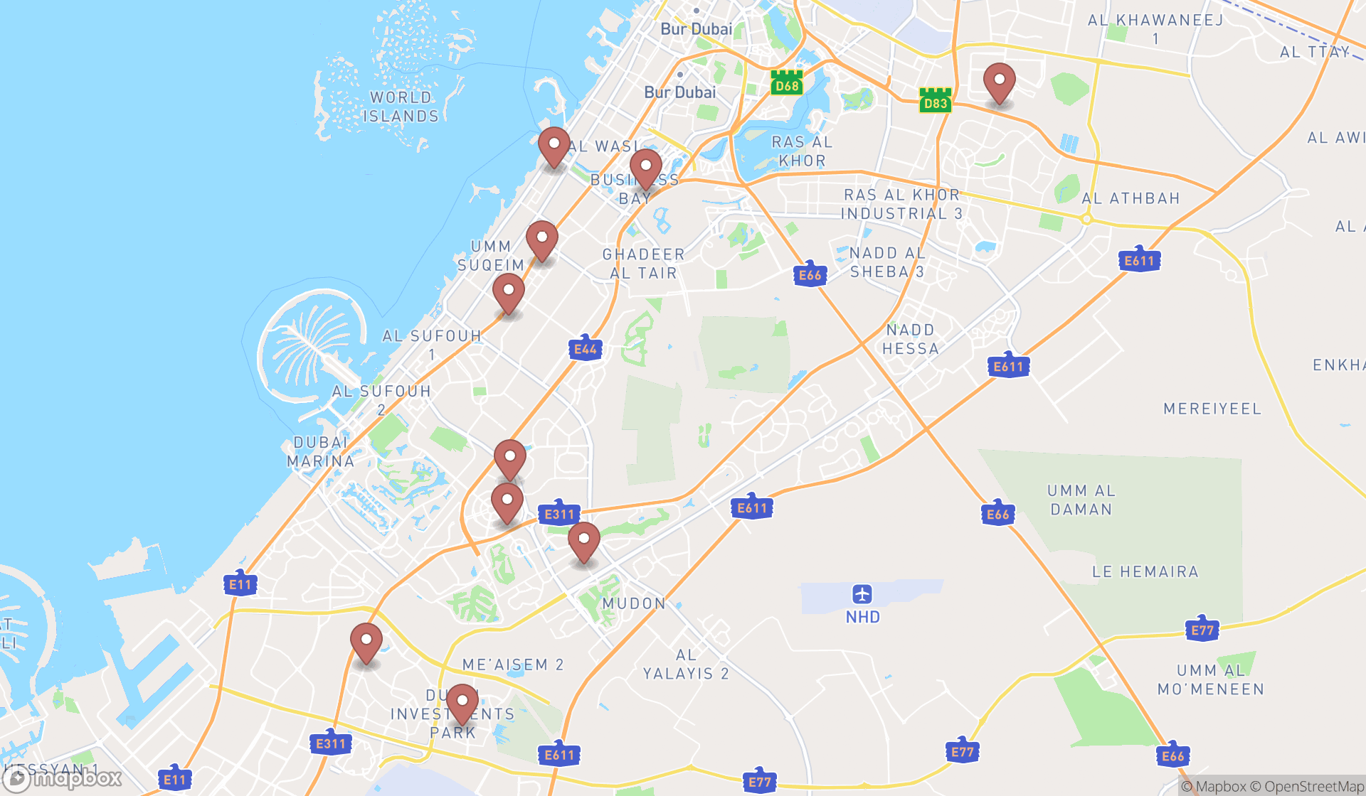 Map showing the ranked gymnastics centers in Dubai, Dubai