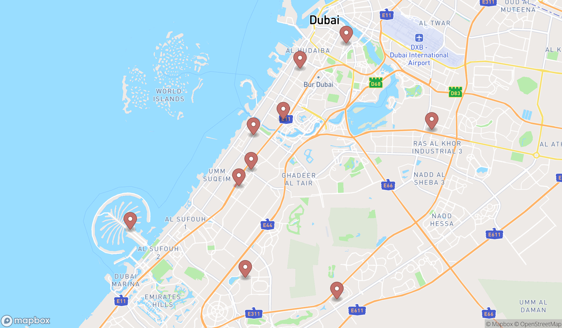 Map showing the ranked gymnastics clubs in Dubai, Dubai