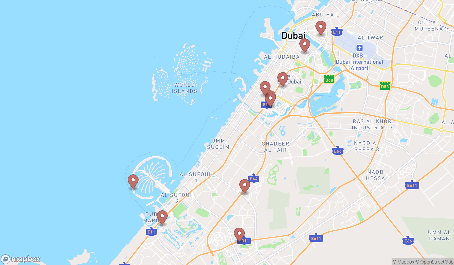 Map showing the ranked hair salons in Dubai, Dubai