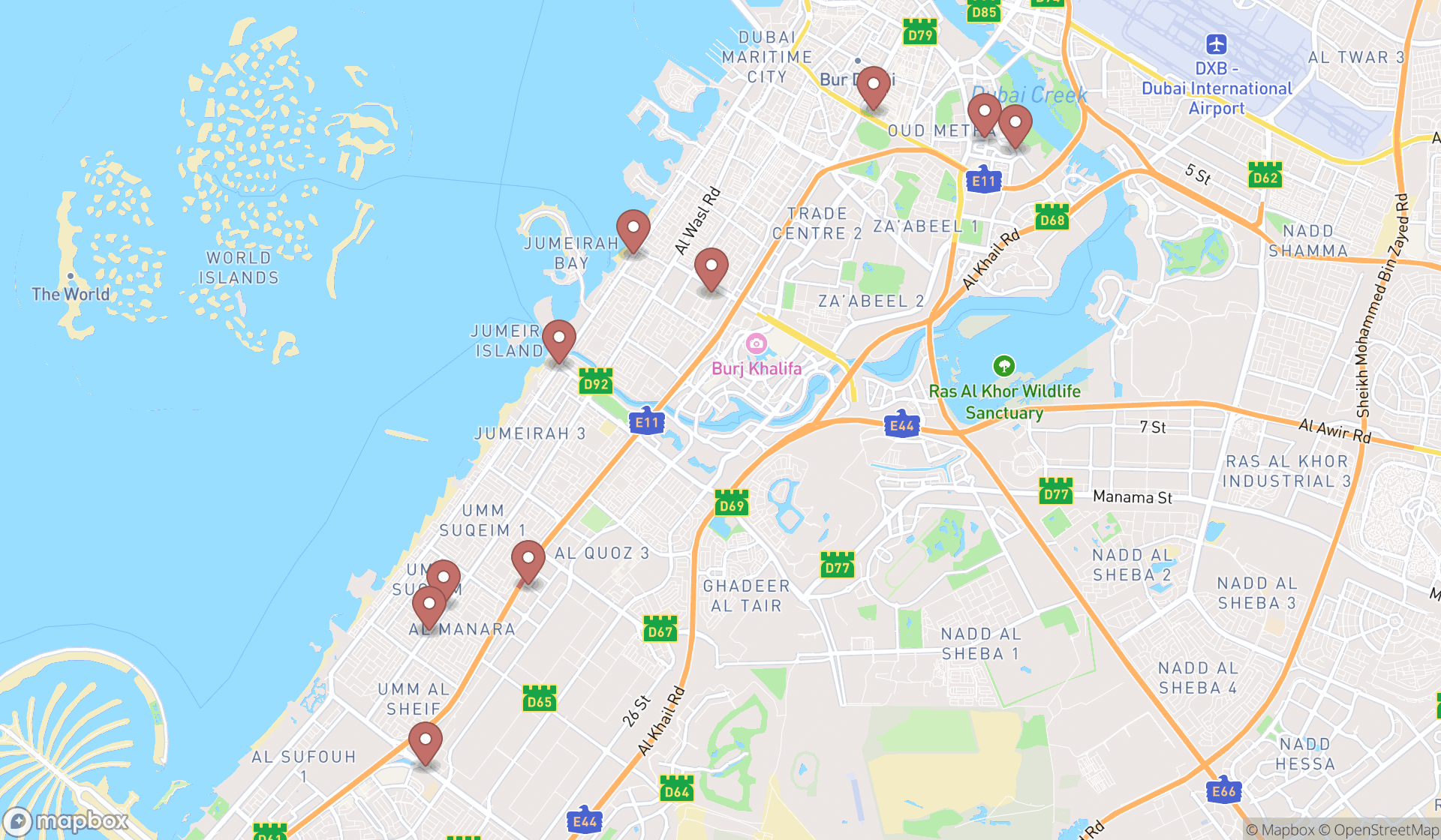 Map showing the ranked hair transplantation clinics in Dubai, Dubai