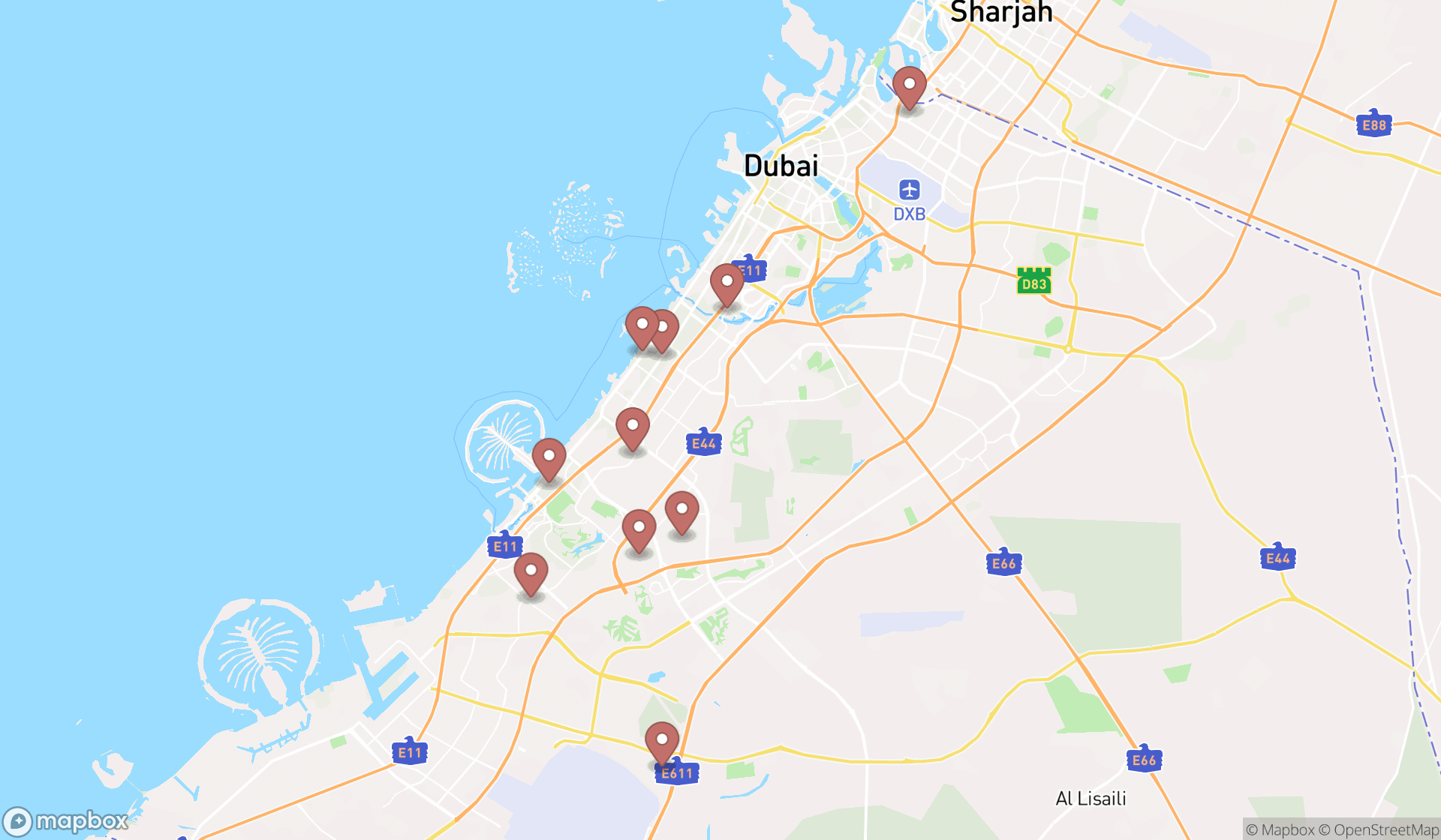 Map showing the ranked hairdressers in Dubai, Dubai