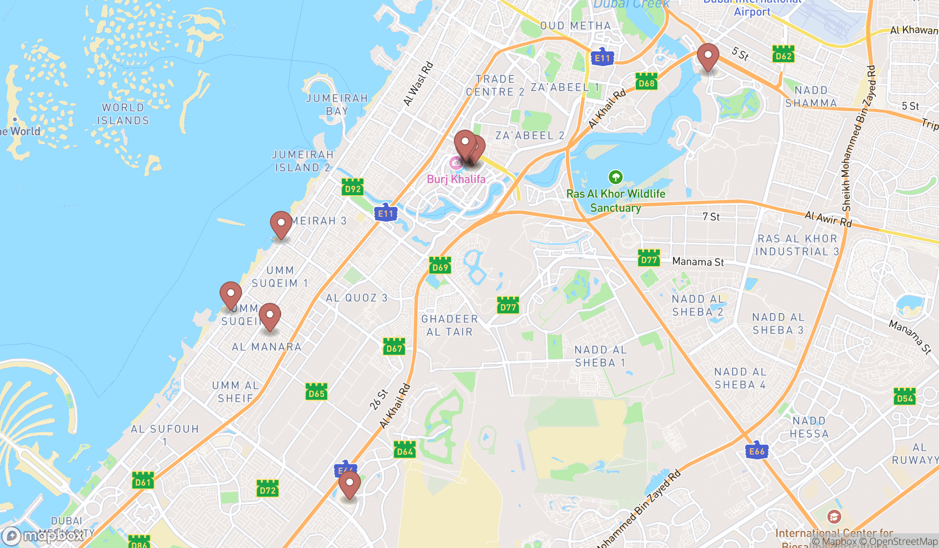 Map showing the ranked hamburger restaurants in Dubai, Dubai