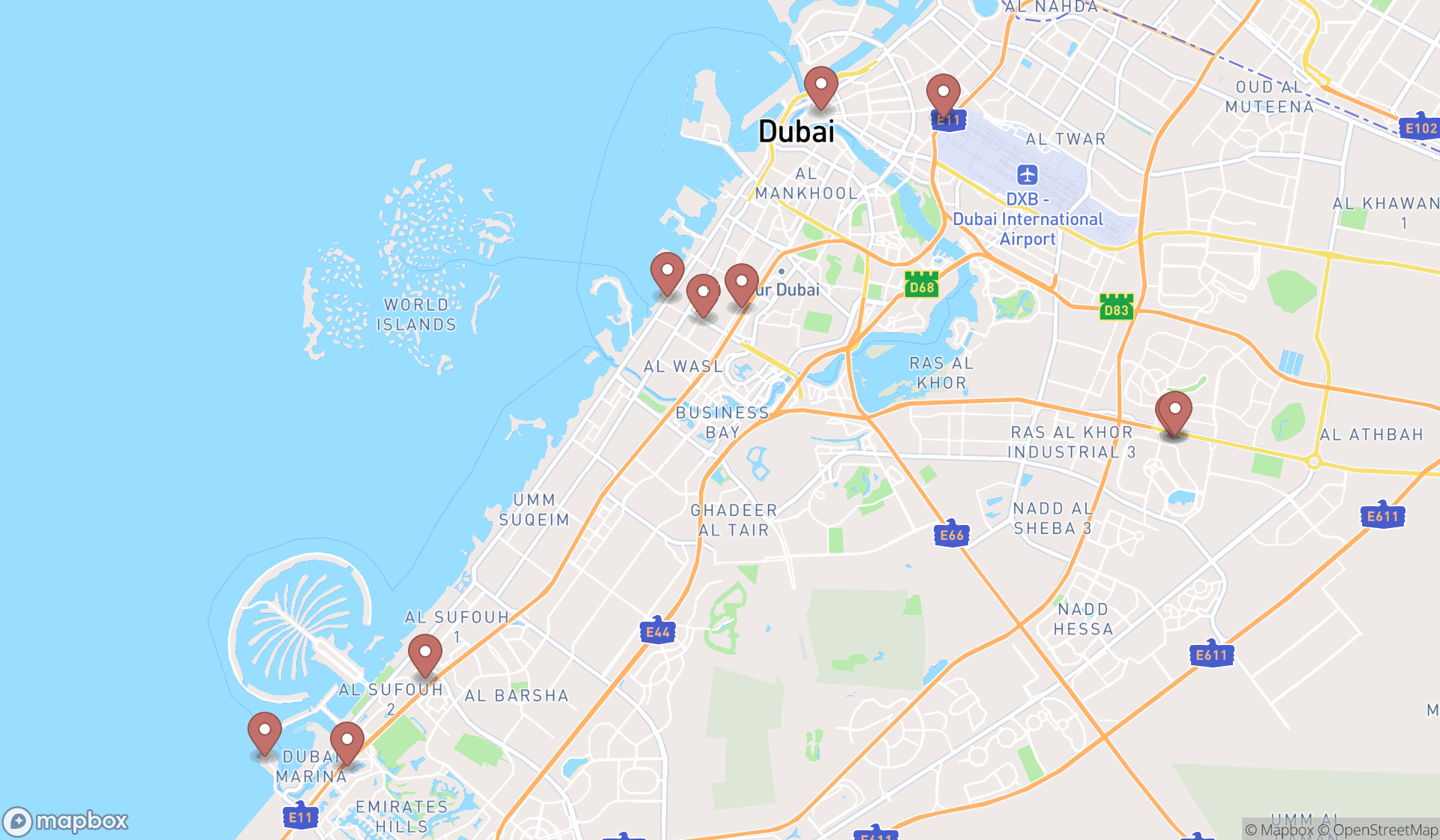 Map showing the ranked handbags shops in Dubai, Dubai