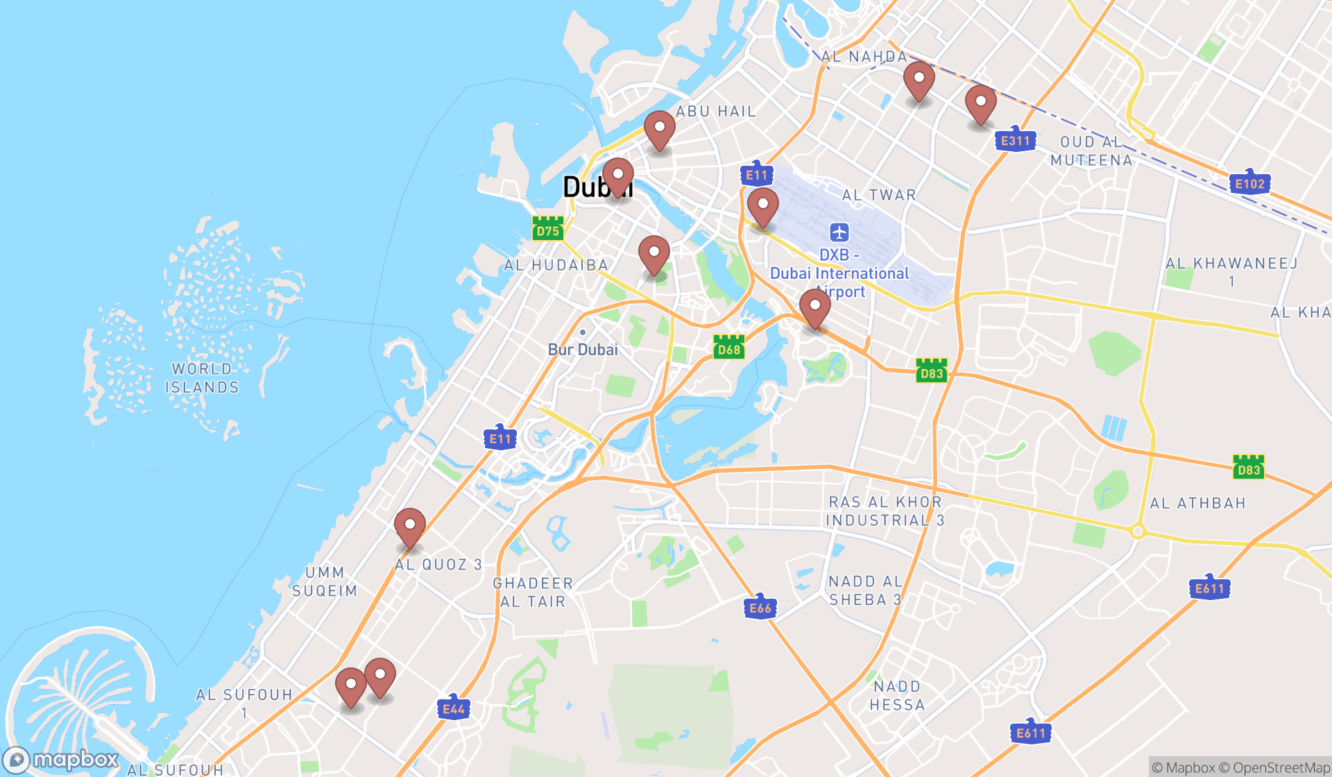 Map showing the ranked hardware stores in Dubai, Dubai