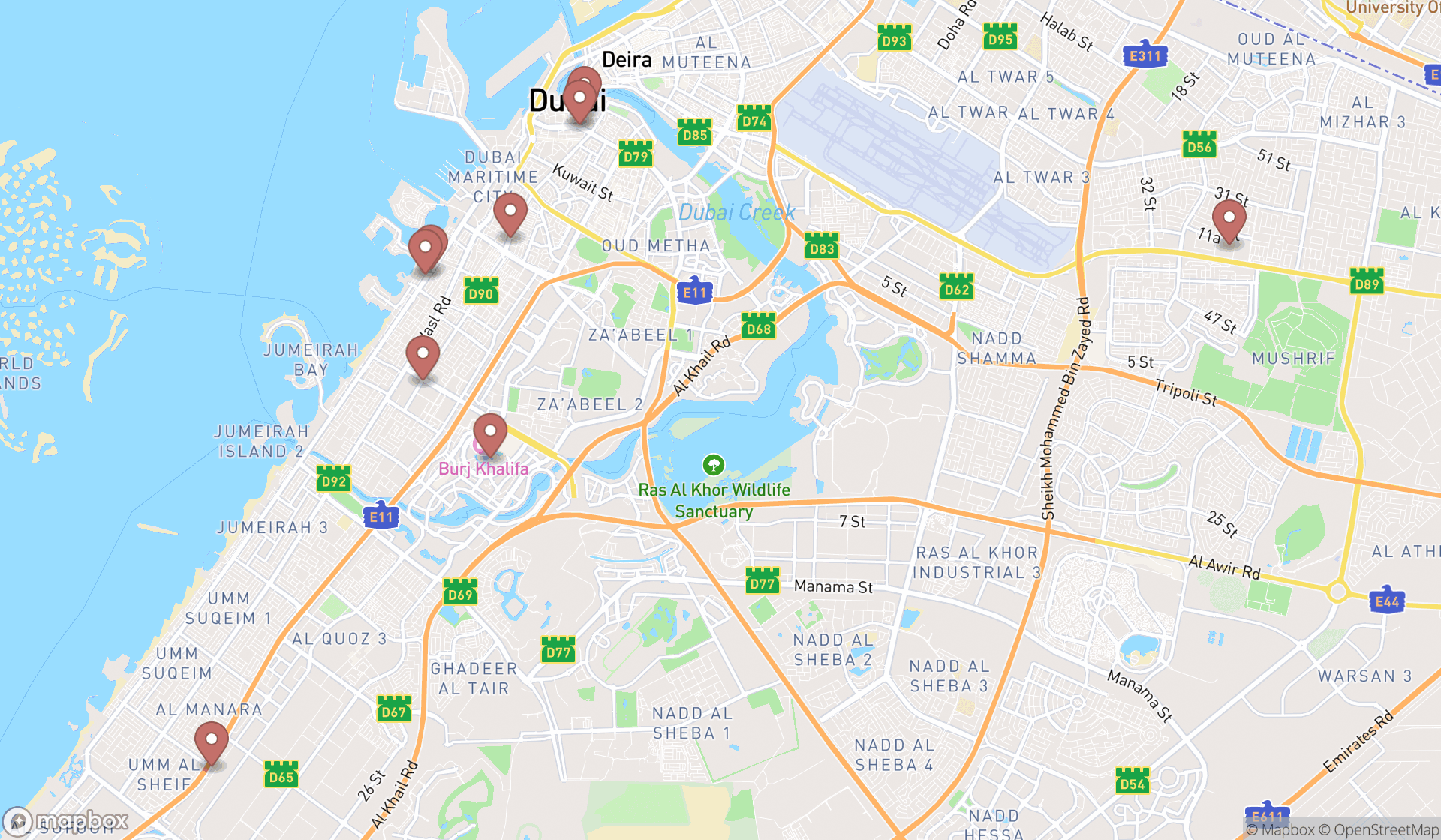 Map showing the ranked haute couture fashion houses in Dubai, Dubai