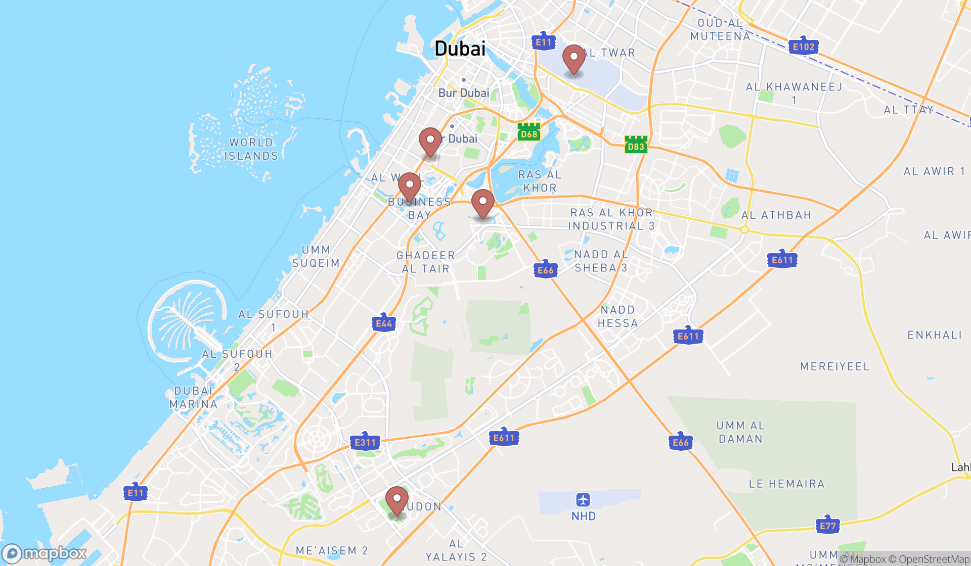 Map showing the ranked hawaiian restaurants in Dubai, Dubai