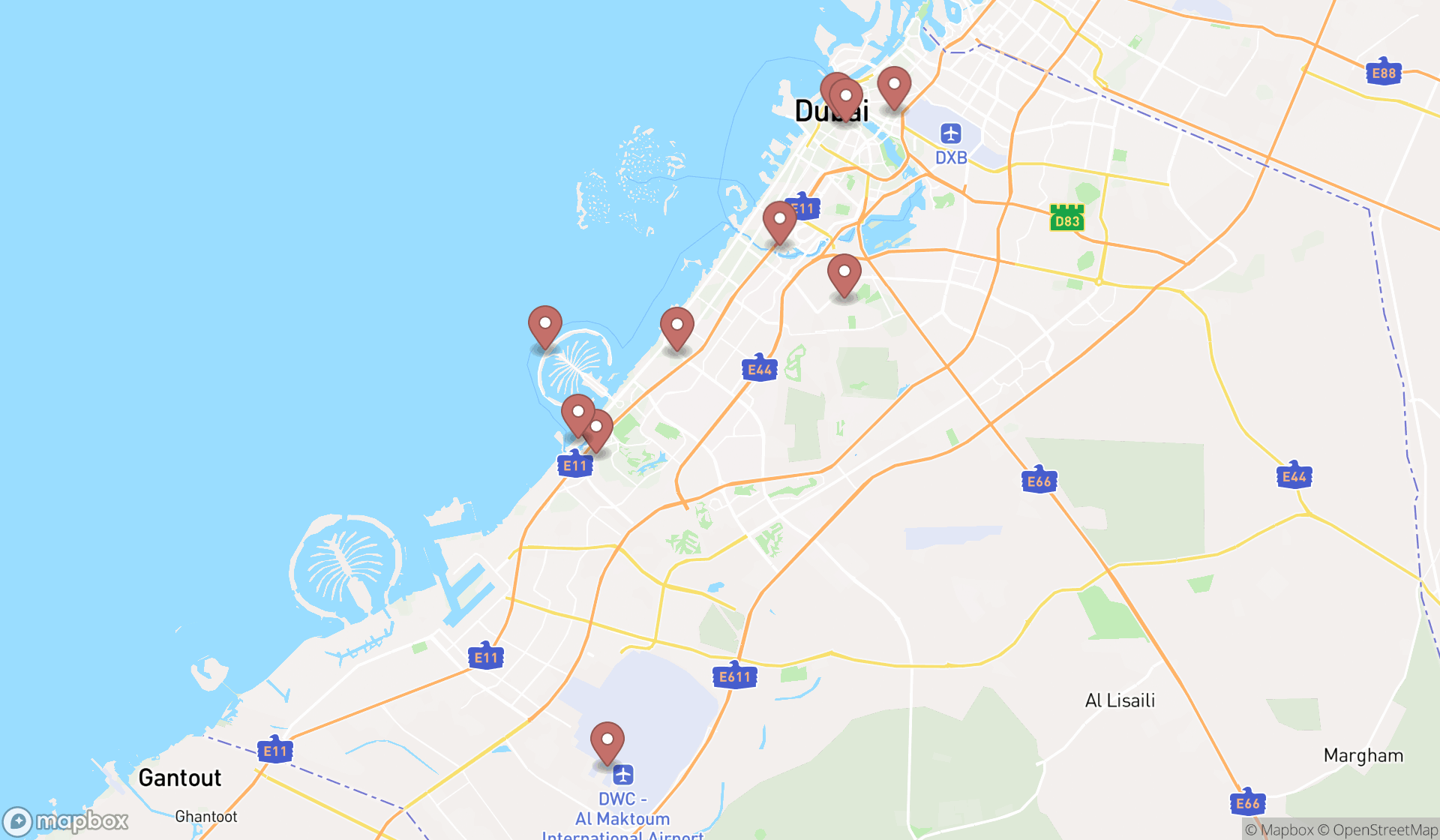 Map showing the ranked helicopter charters in Dubai, Dubai