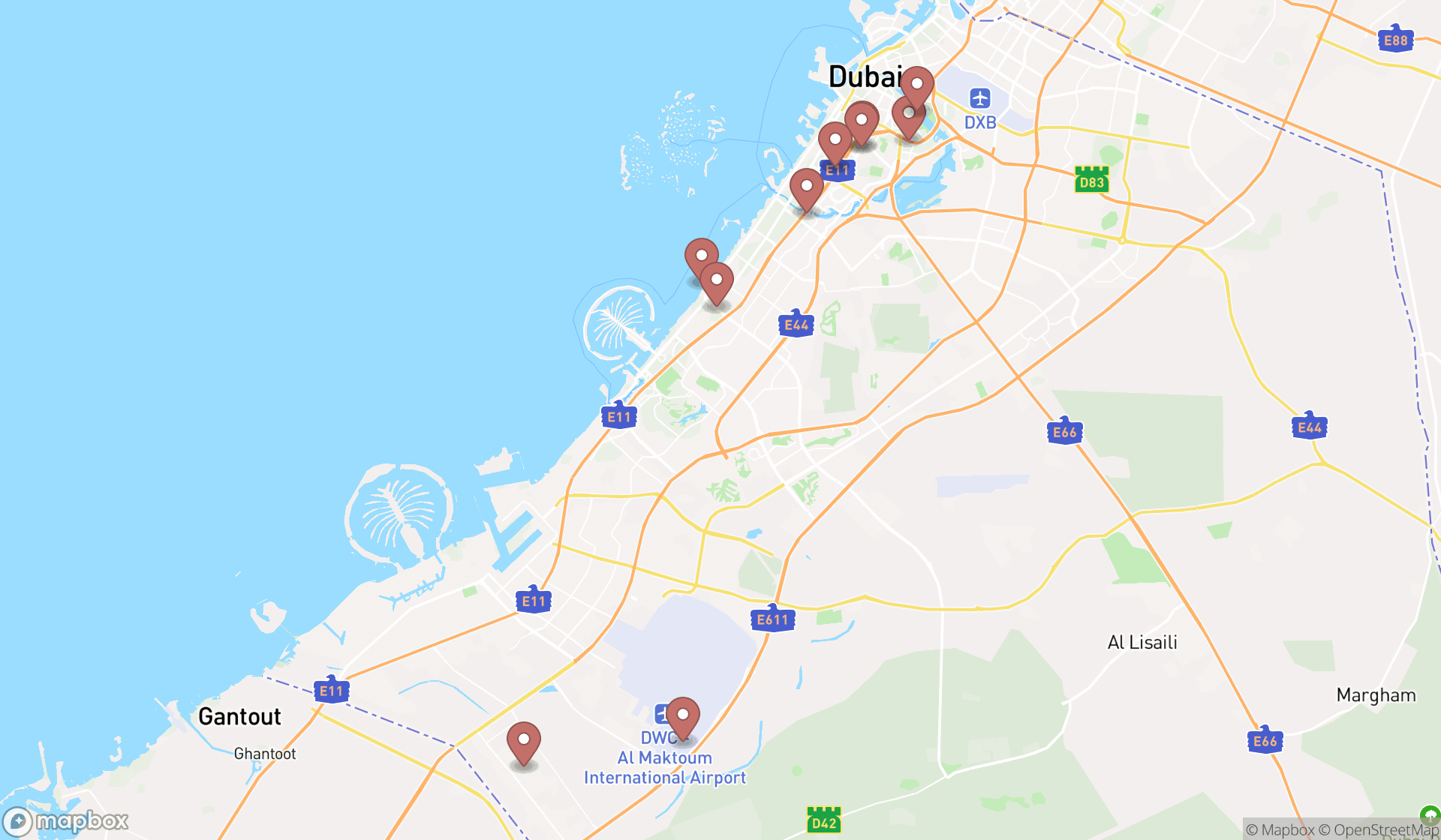 Map showing the ranked heliports in Dubai, Dubai