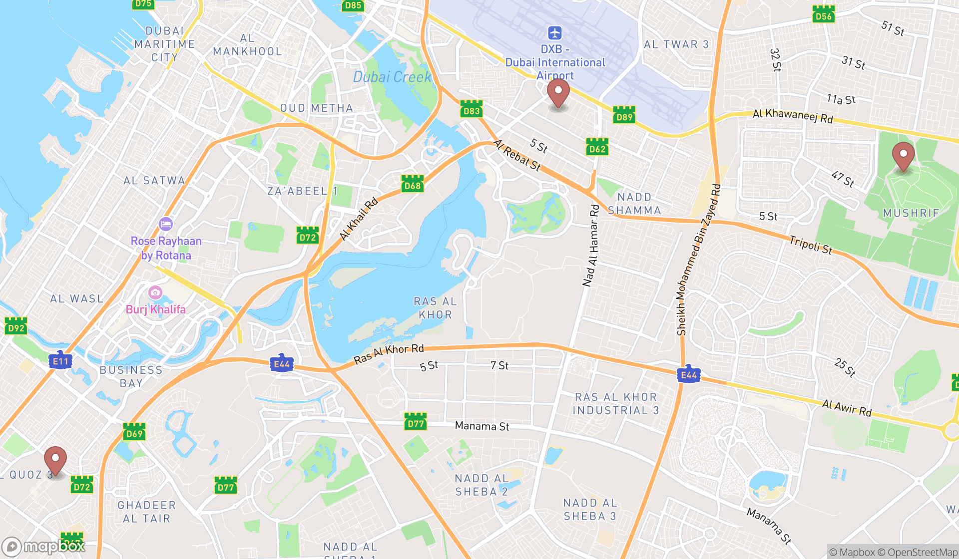 Map showing the ranked high ropes courses in Dubai, Dubai