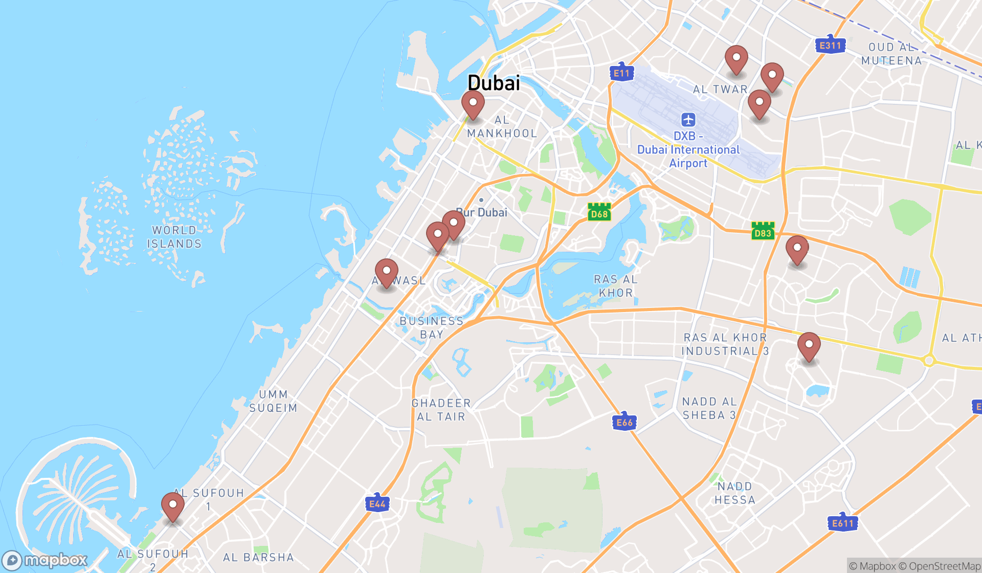 Map showing the ranked higher secondary schools in Dubai, Dubai