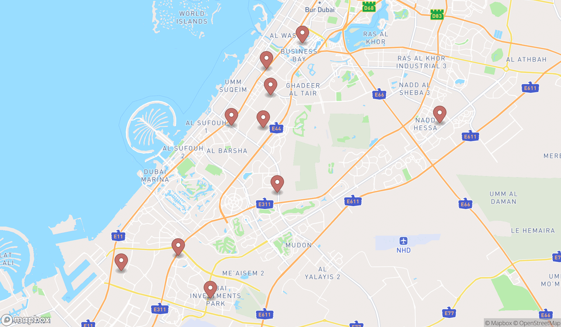 Map showing the ranked home improvement stores in Dubai, Dubai