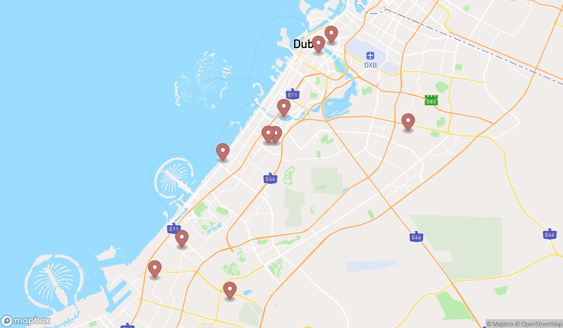 Map showing the ranked homestays in Dubai, Dubai