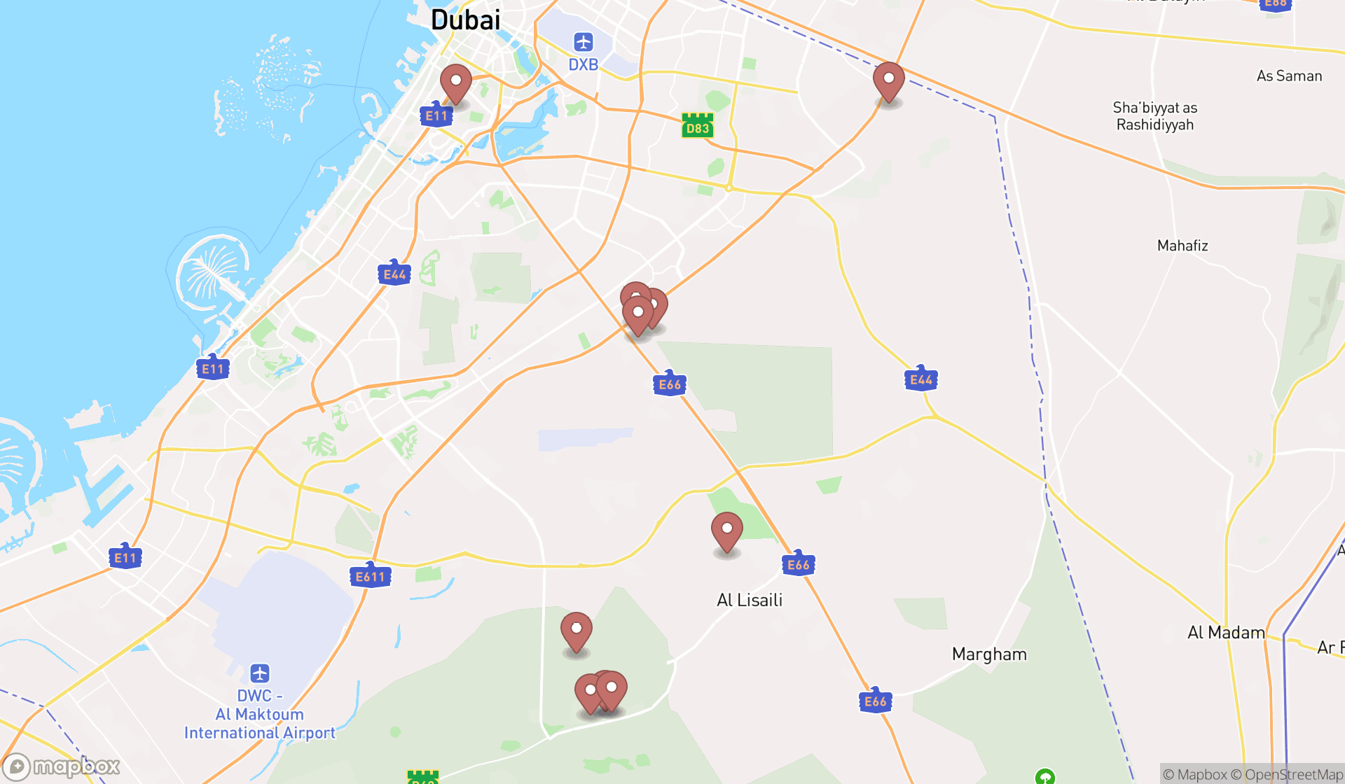 Map showing the ranked horse boarding stables in Dubai, Dubai