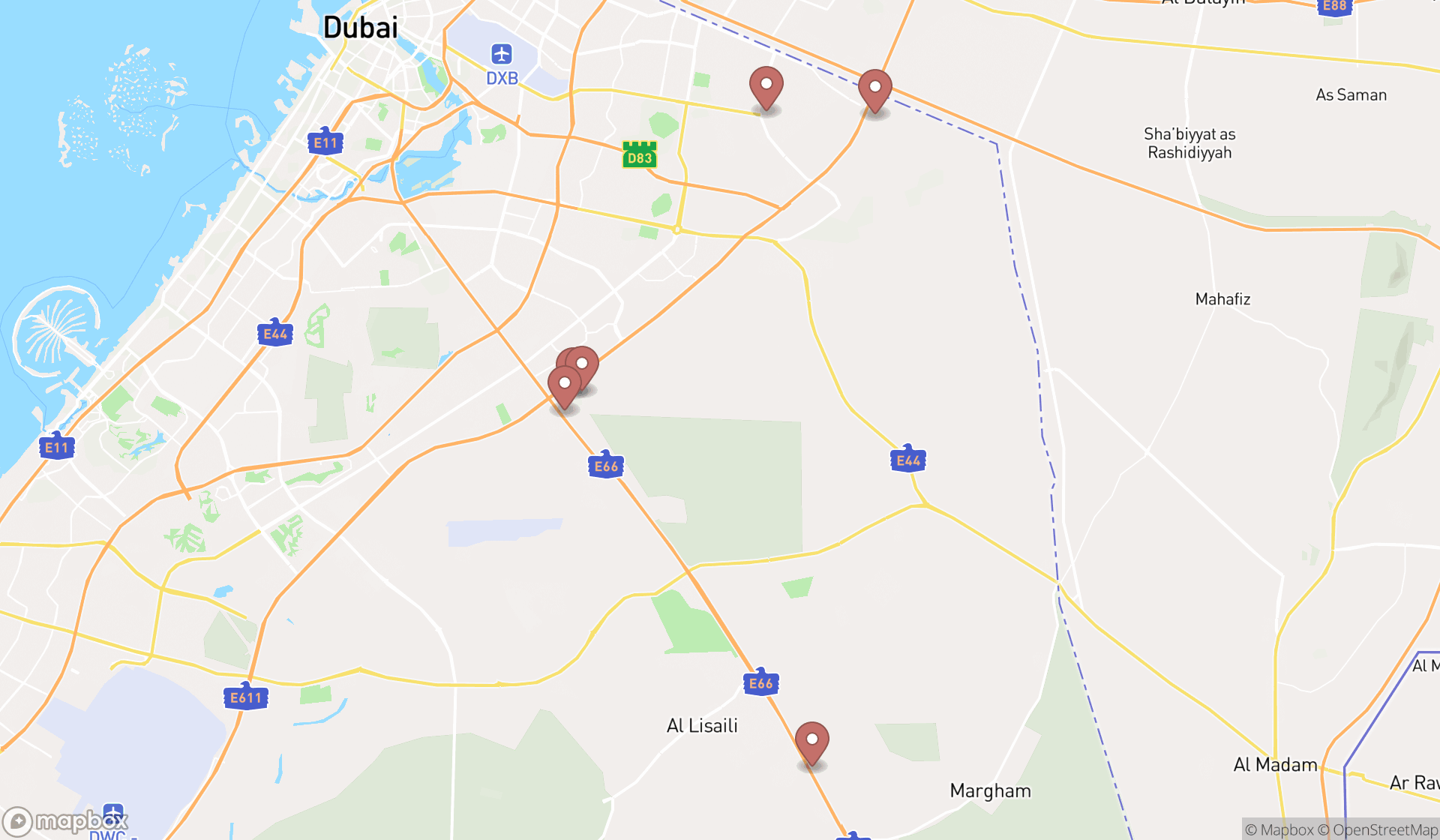 Map showing the ranked horse rental services in Dubai, Dubai