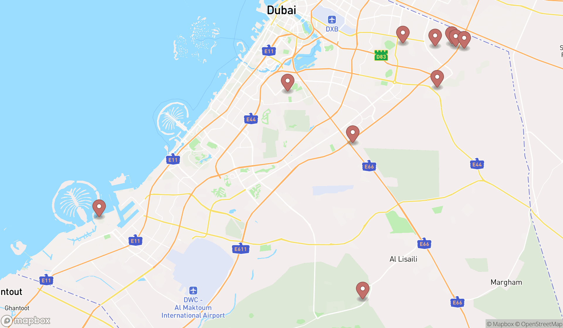 Map showing the ranked horse riding fields in Dubai, Dubai