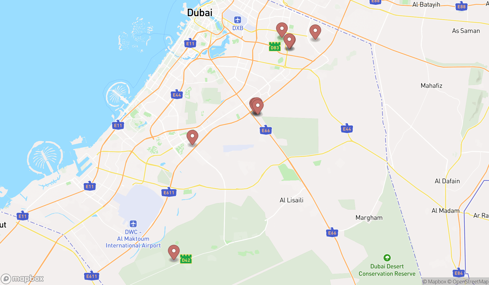 Map showing the ranked horse riding schools in Dubai, Dubai