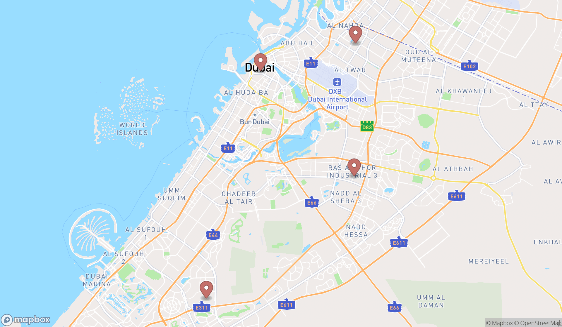 Map showing the ranked horse transport suppliers in Dubai, Dubai