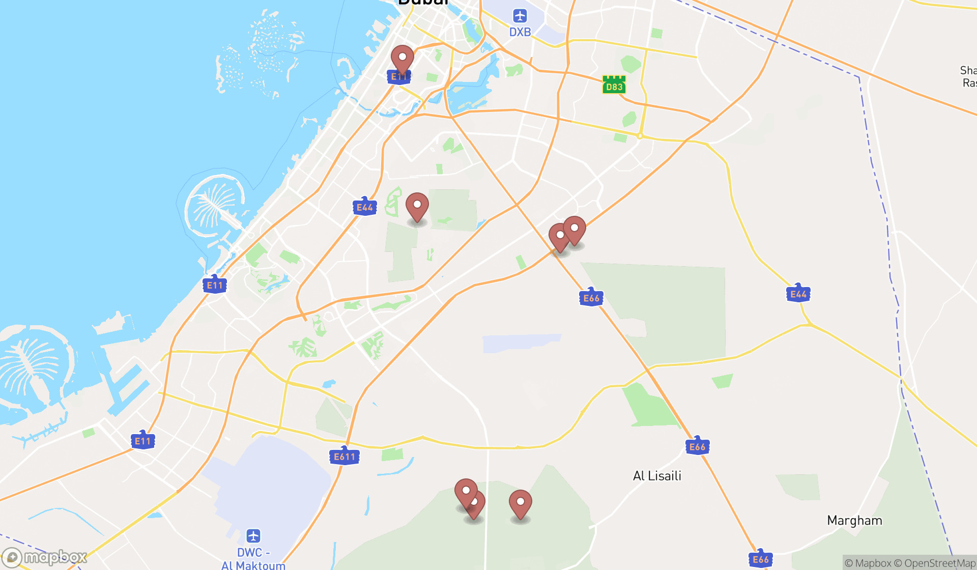 Map showing the ranked horsestable studfarms in Dubai, Dubai