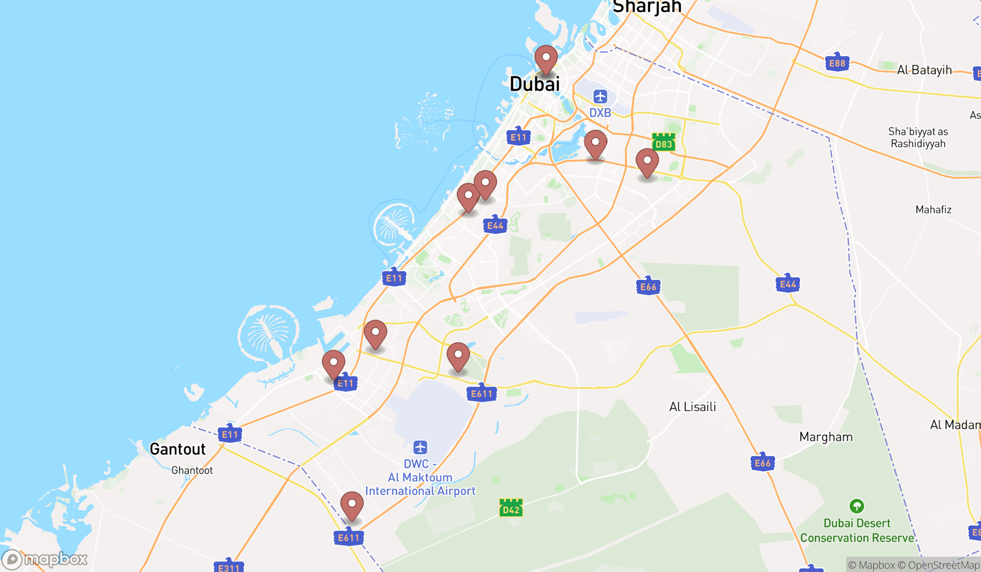 Map showing the ranked hose suppliers in Dubai, Dubai