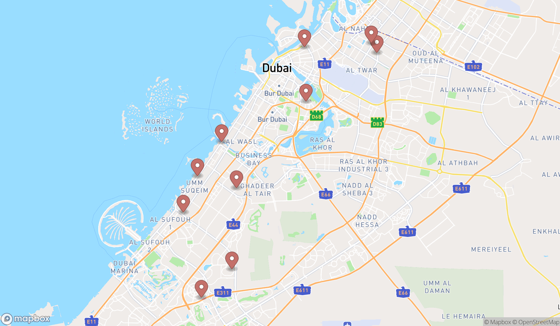 Map showing the ranked hospital departments in Dubai, Dubai