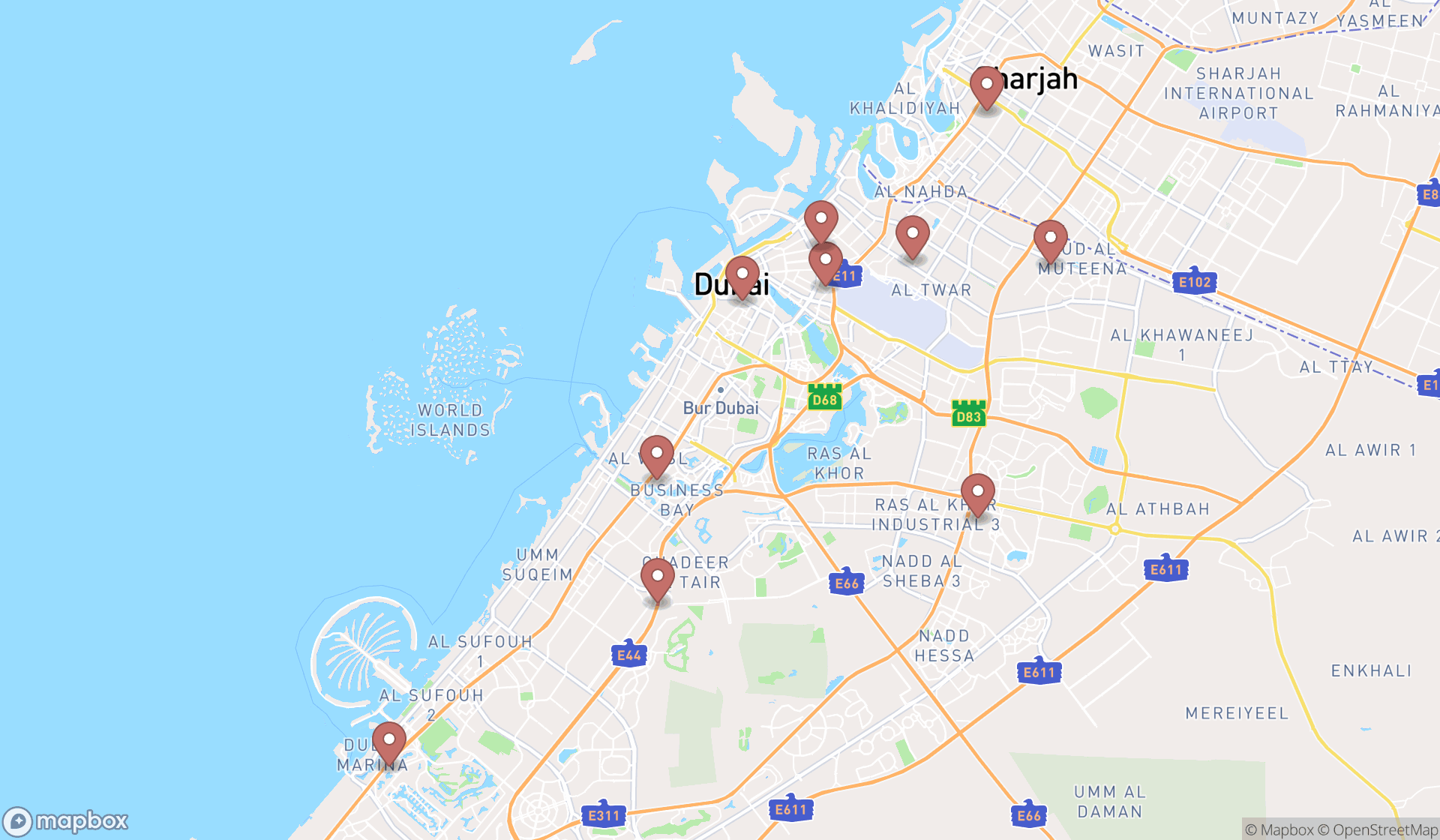 Map showing the ranked hospitality and tourism schools in Dubai, Dubai