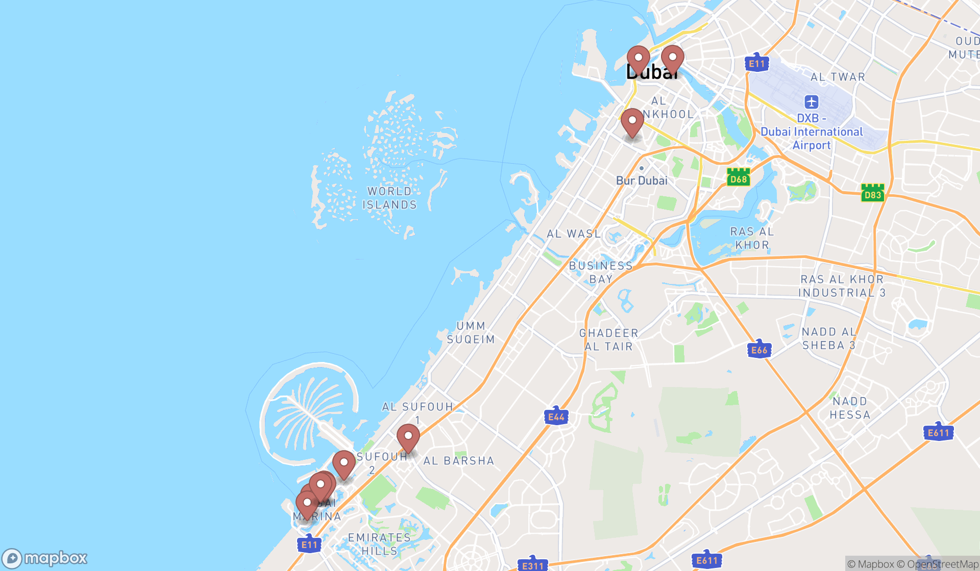 Map showing the ranked hostels in Dubai, Dubai