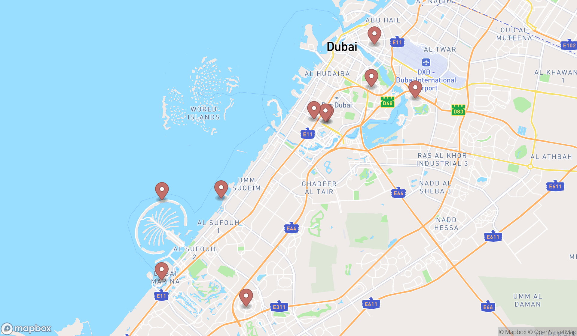Map showing the ranked hotels in Dubai, Dubai